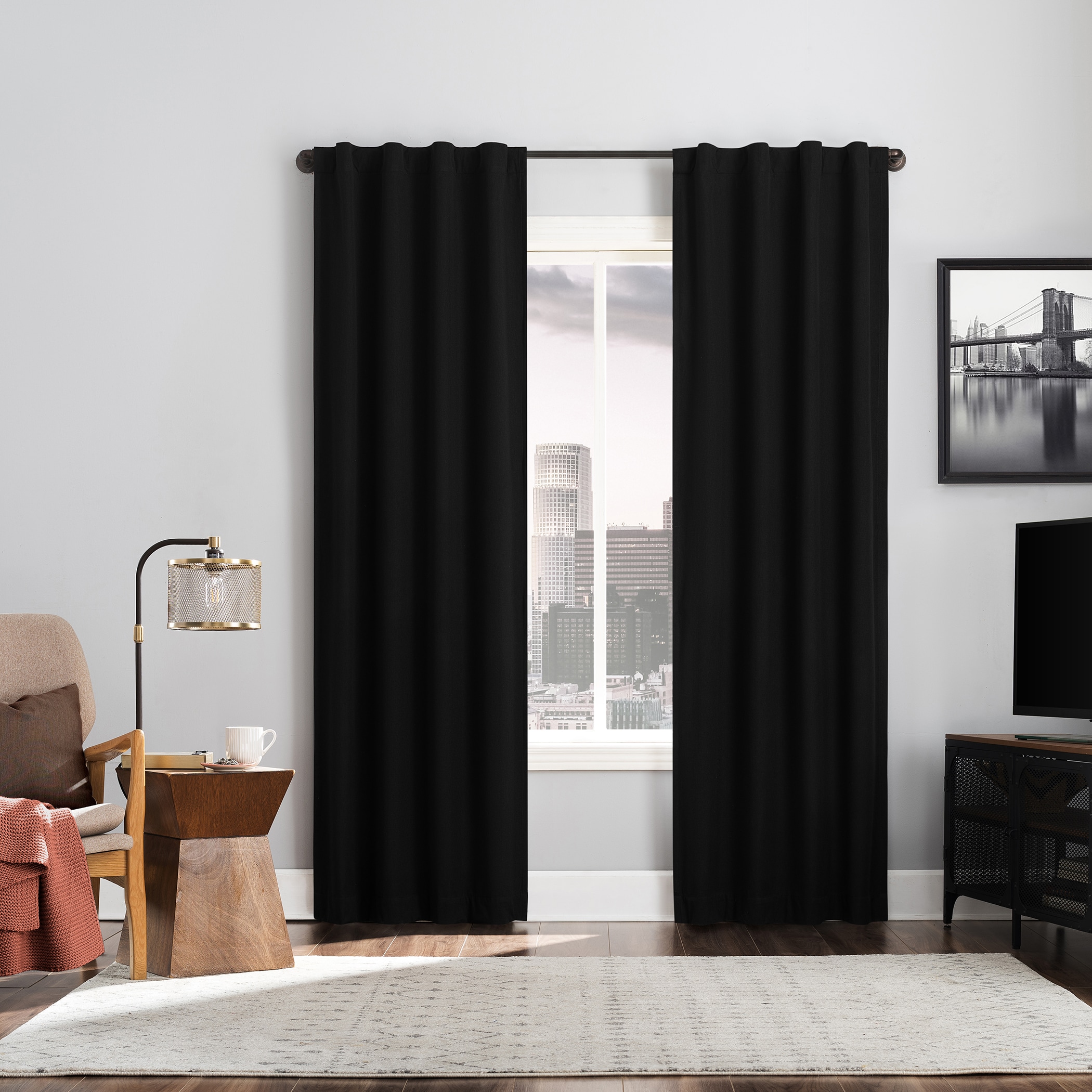 Sun Zero QUINBY 74X84 BLACK 84-in Black Blackout Standard lined Back tab Curtain panel pair