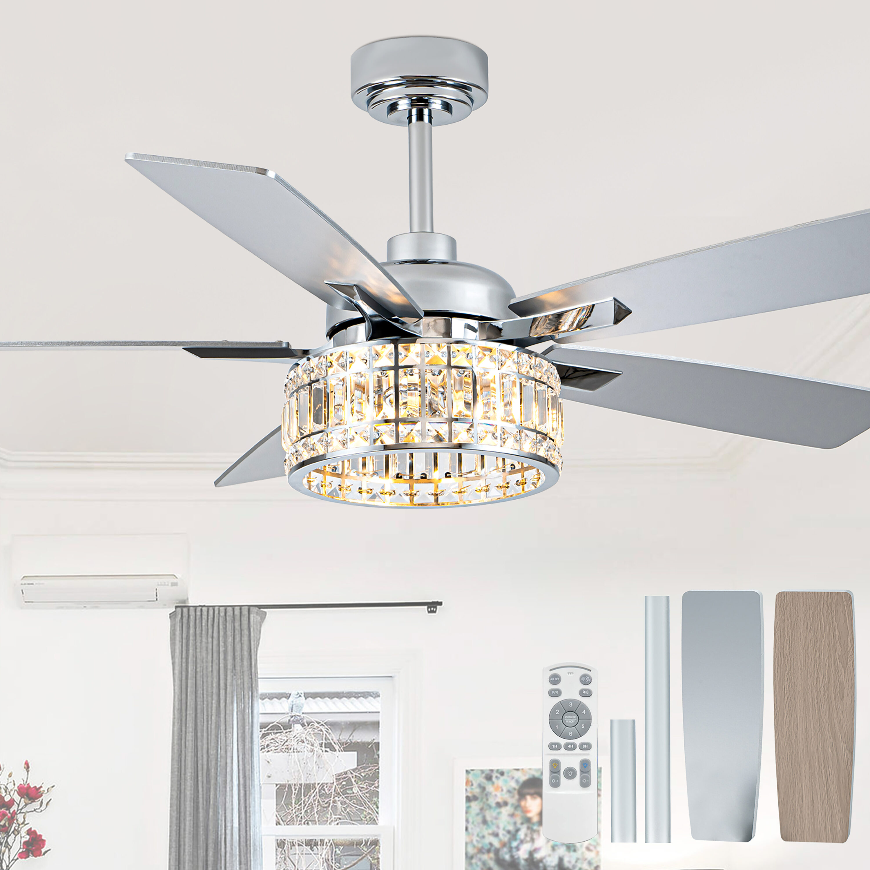 Cusp Barn CS52P27MD 52-in Smart Silver with Wood Blades Chandelier Ceiling Fan Without Light - Remote Included ( 5 -Blade )
