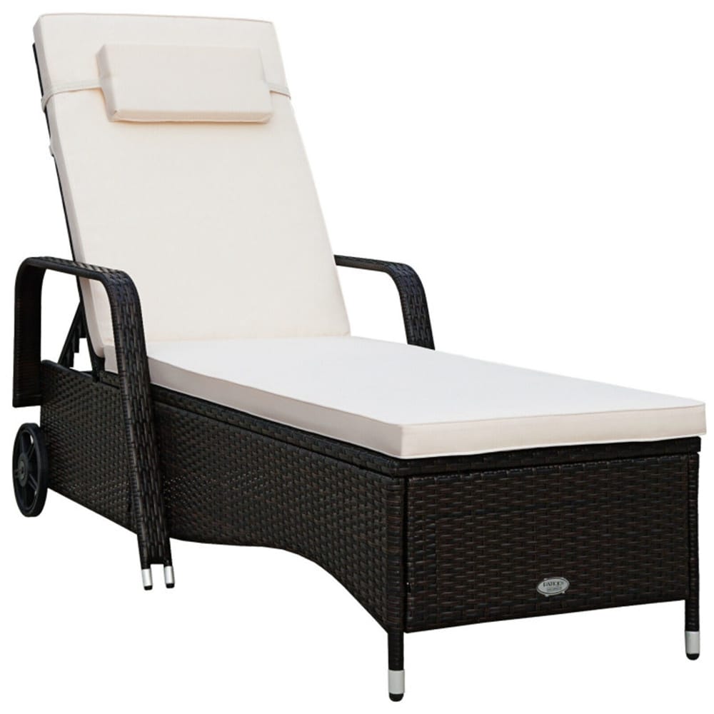 Forclover HYFC-6946 Patio Chair Rattan Brown Rattan Frame Stationary Chaise Lounge Chair with White Cushioned Seat