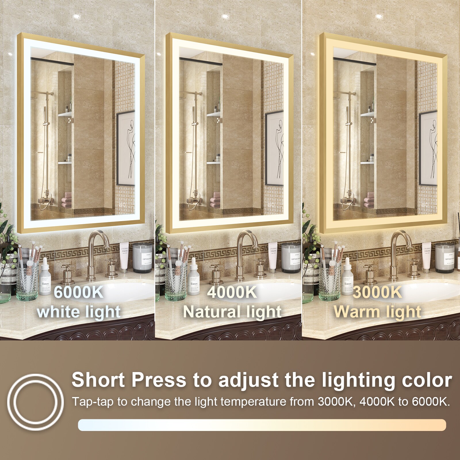 WELLFOR LUKY Dimmable LED Lighting Bathroom Mirror 28-in x 36-in Framed ...