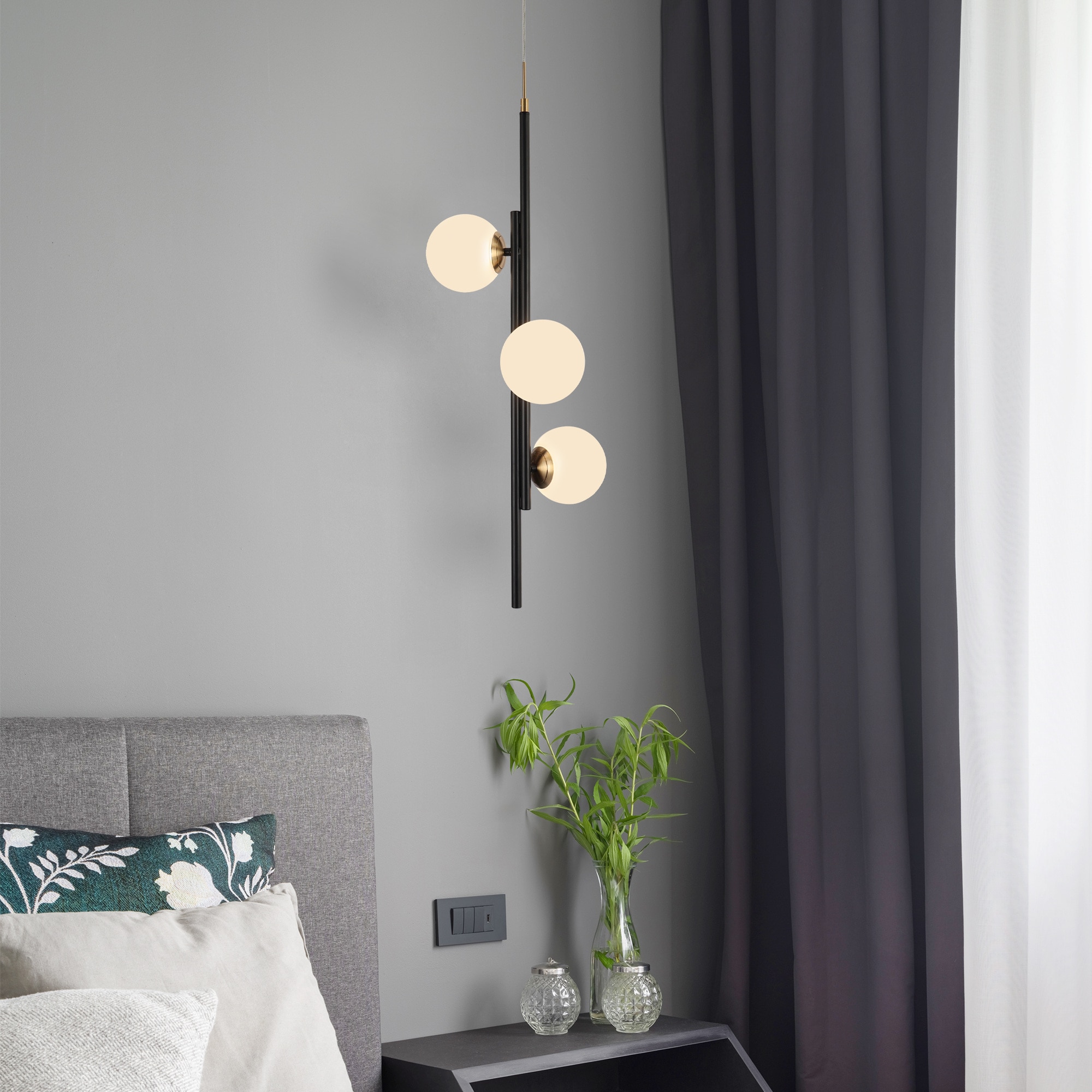 ZEVNI L3ZZQYUBW4419SI7 Ballike Modern 3 -Light Black and Brass Pendant Lighting Transitional Frosted glass Globe Integrated LED Medium Hanging Kitchen island light