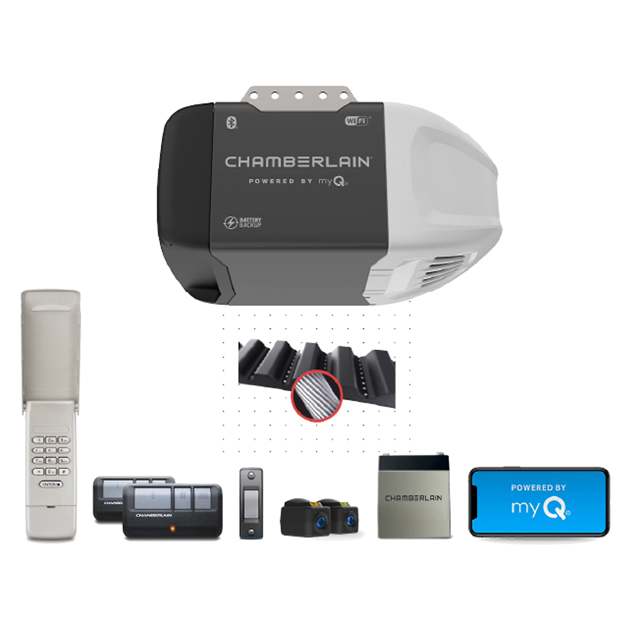 Chamberlain B2215T 1/2 HP myQ Ultra Quiet Smart Compatible Belt drive Garage Door Opener Wi-Fi Compatibility and Battery Back-Up