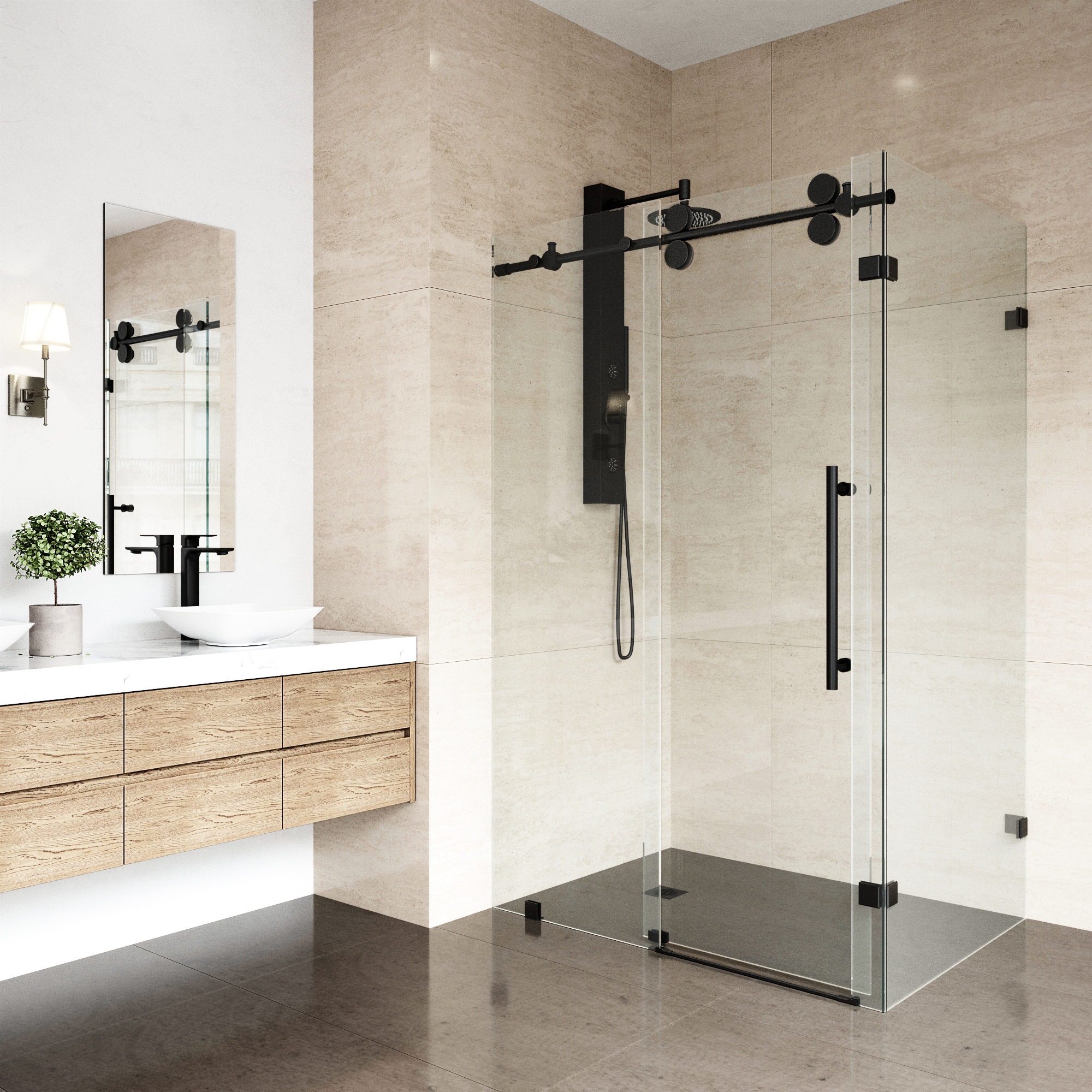 Winslow 46" Matte Black Frameless Sliding Shower Enclosure with Clear Glass
