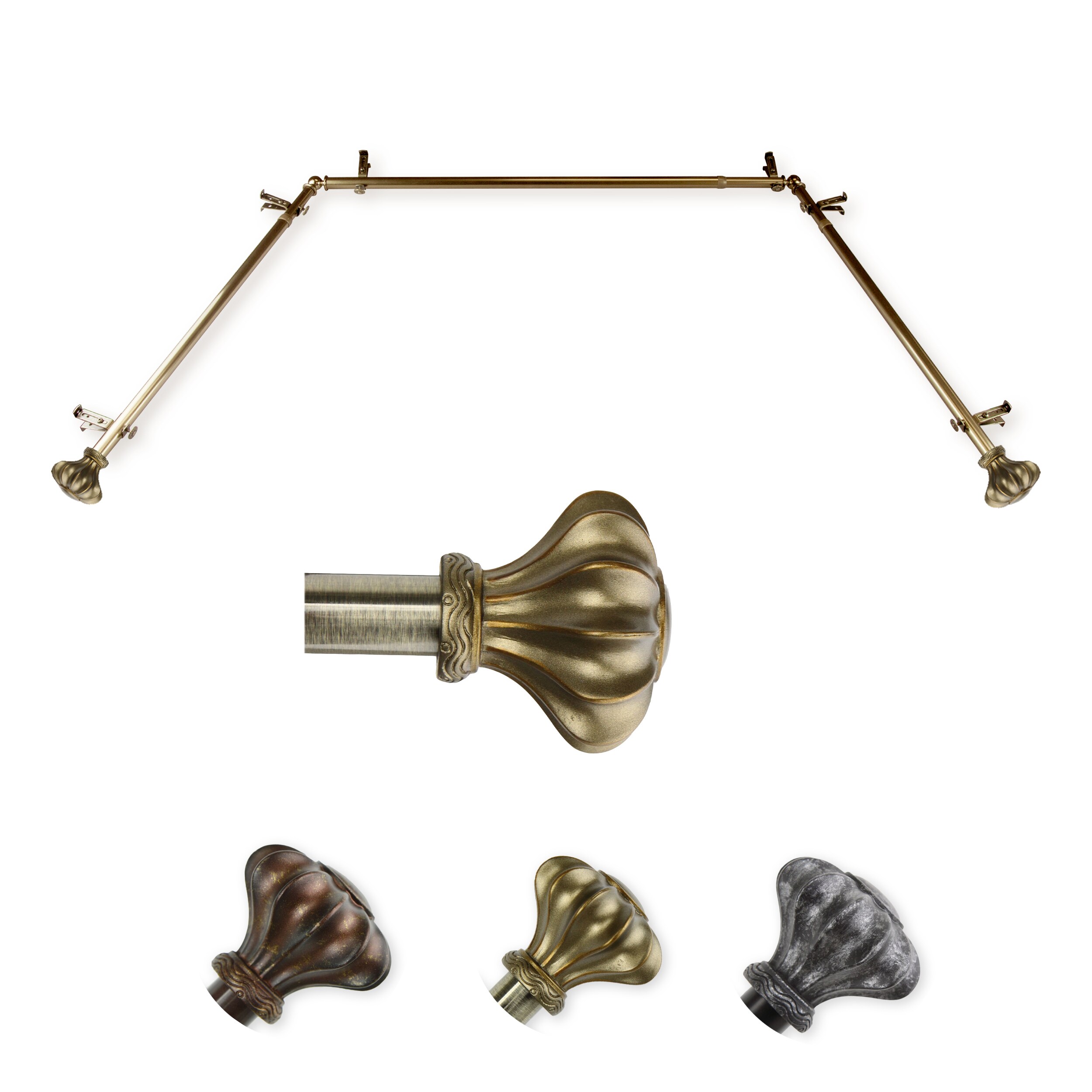 Hart & Harlow LO-ABAY-03-4 72-in to 144-in Antique Brass Steel Bay window curtain rod with Finials