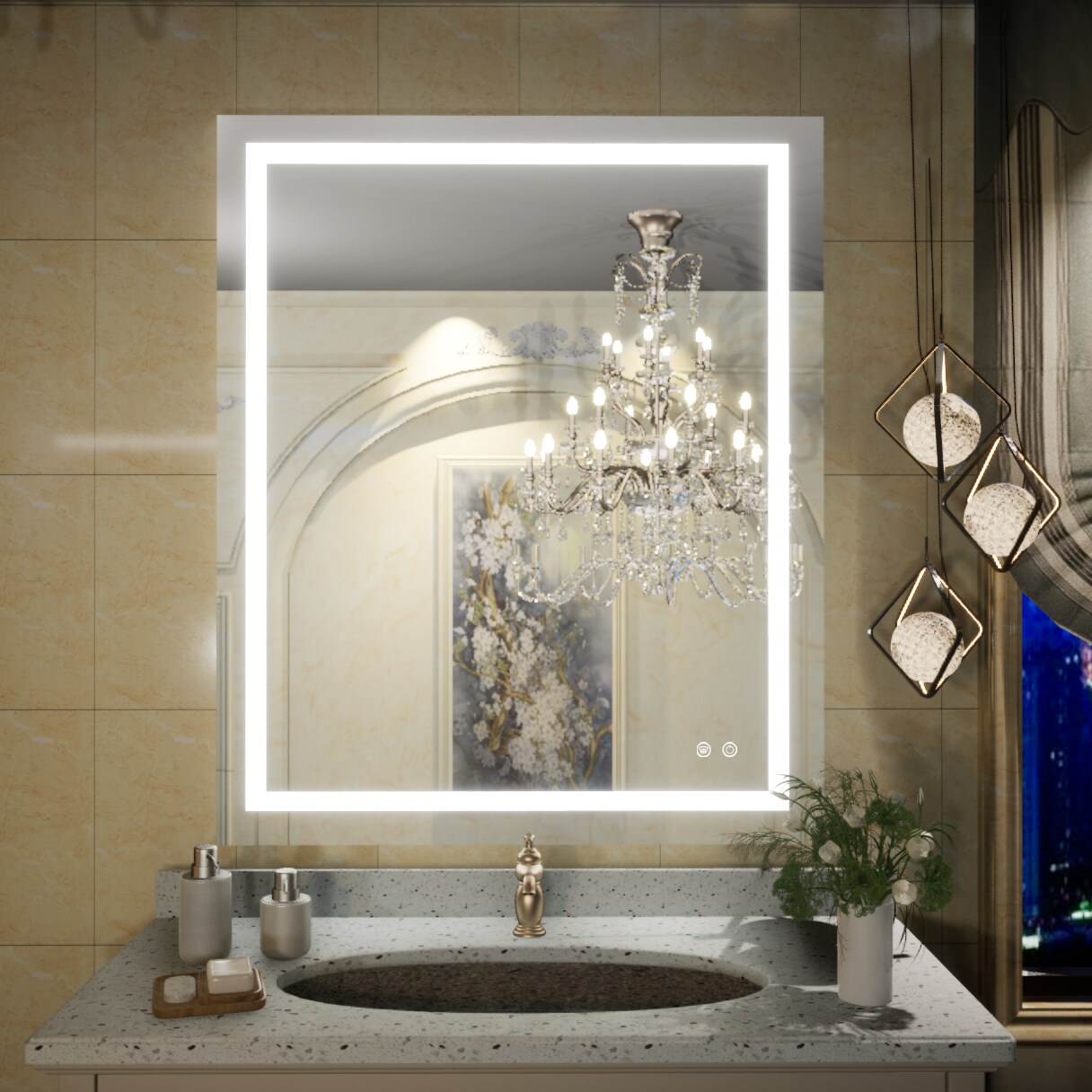 Keonjinn LW-JZ-ZG2-7691 30-Inches x 36-Inches Polished Frameless Rectangle Dimmable LED Lighted Fog Free Bathroom Vanity Mirror ( Sliver )