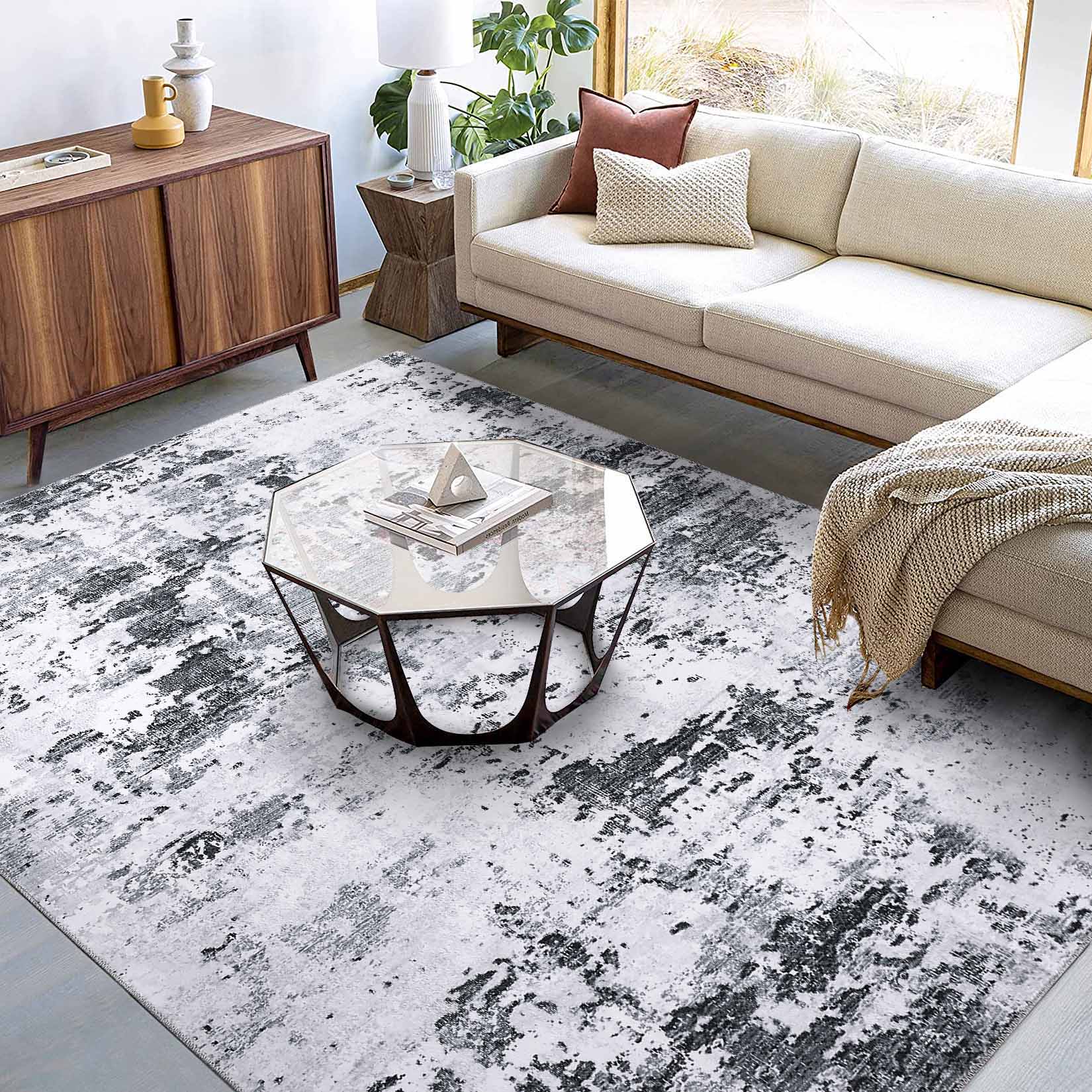 Garvee YXY-LO-PHO-0XT4O114 10 x 13 (ft) Loomed Polyester Light Gray Rectangular Indoor Abstract Mid-Century Modern Machine washable Area rug