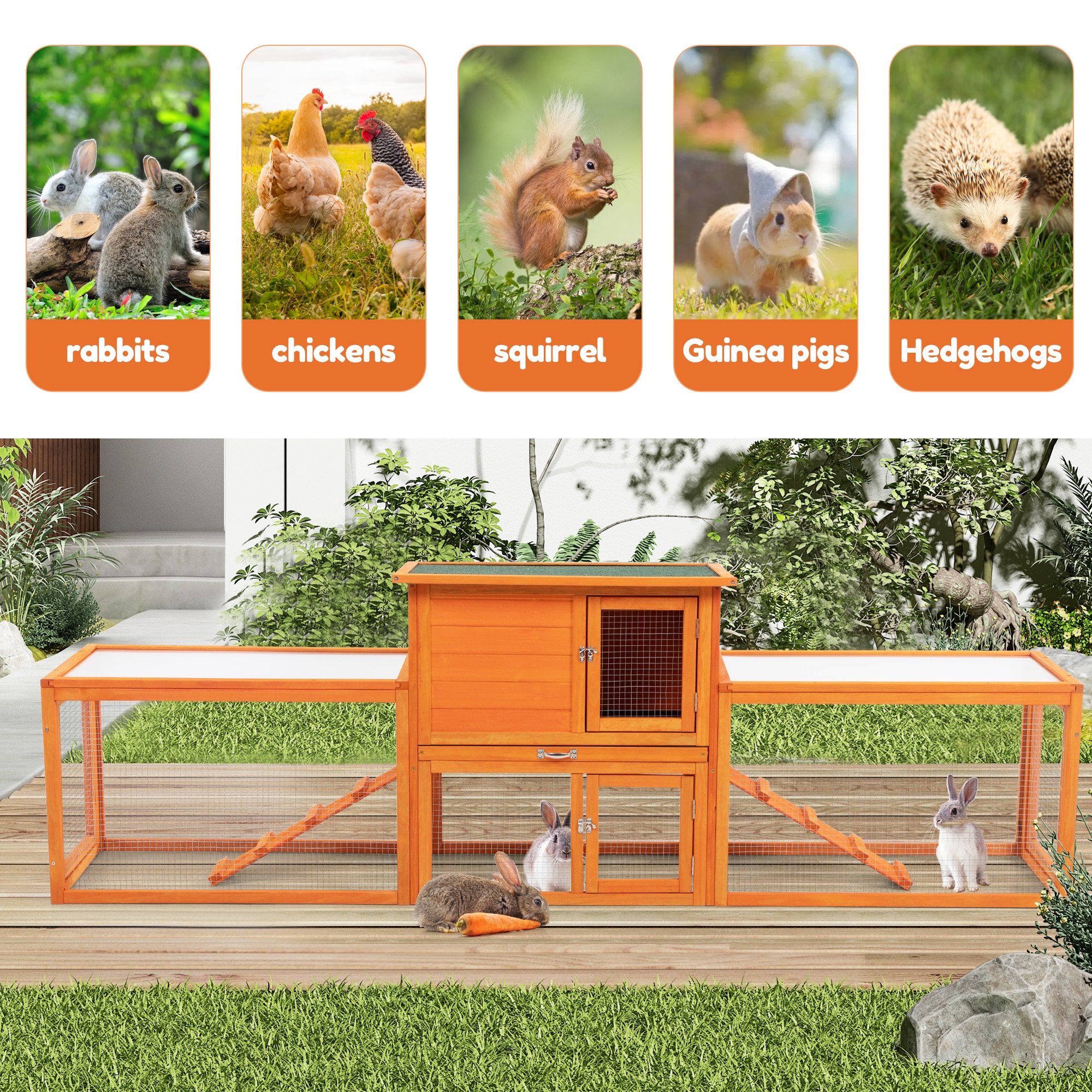 Large Orange Wood Rabbit Hutch with Ramps and Mesh Runs
