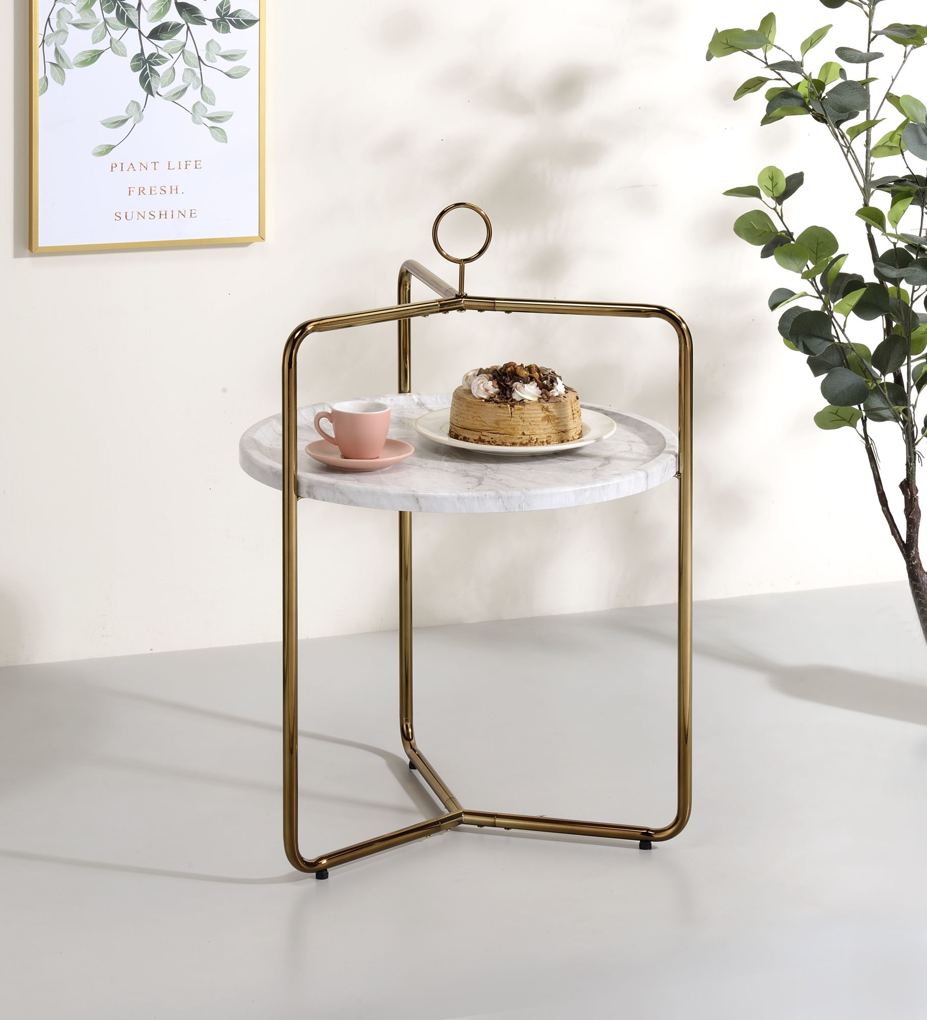White Faux Marble and Gold Metal Round Side Table