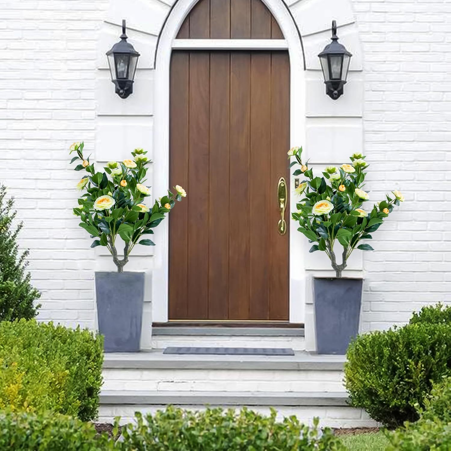 Qeetex GGL-PHK-34CAQEFC 35in Artificial Camellia with Ground Spike-Fake Silk Topiary Trees for Home Decor Garden Patio and Indoor 2 Pack Yellow