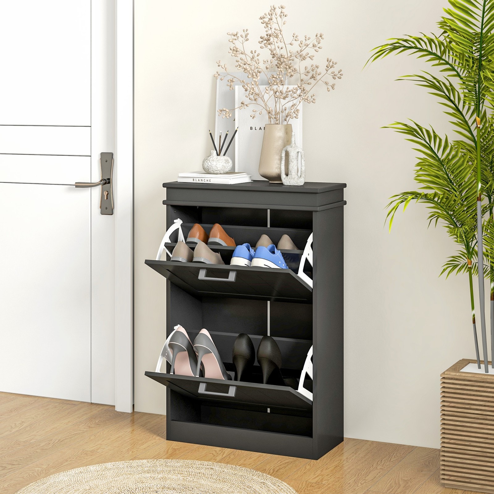 GlasFlength  Modern Shoe Storage Cabinet with 2 Flip Drawers Adjustable Shelves Shoe Organizer Narrow Shoe Rack with Tabletop for 10 Pairs Entryway Hallway Black