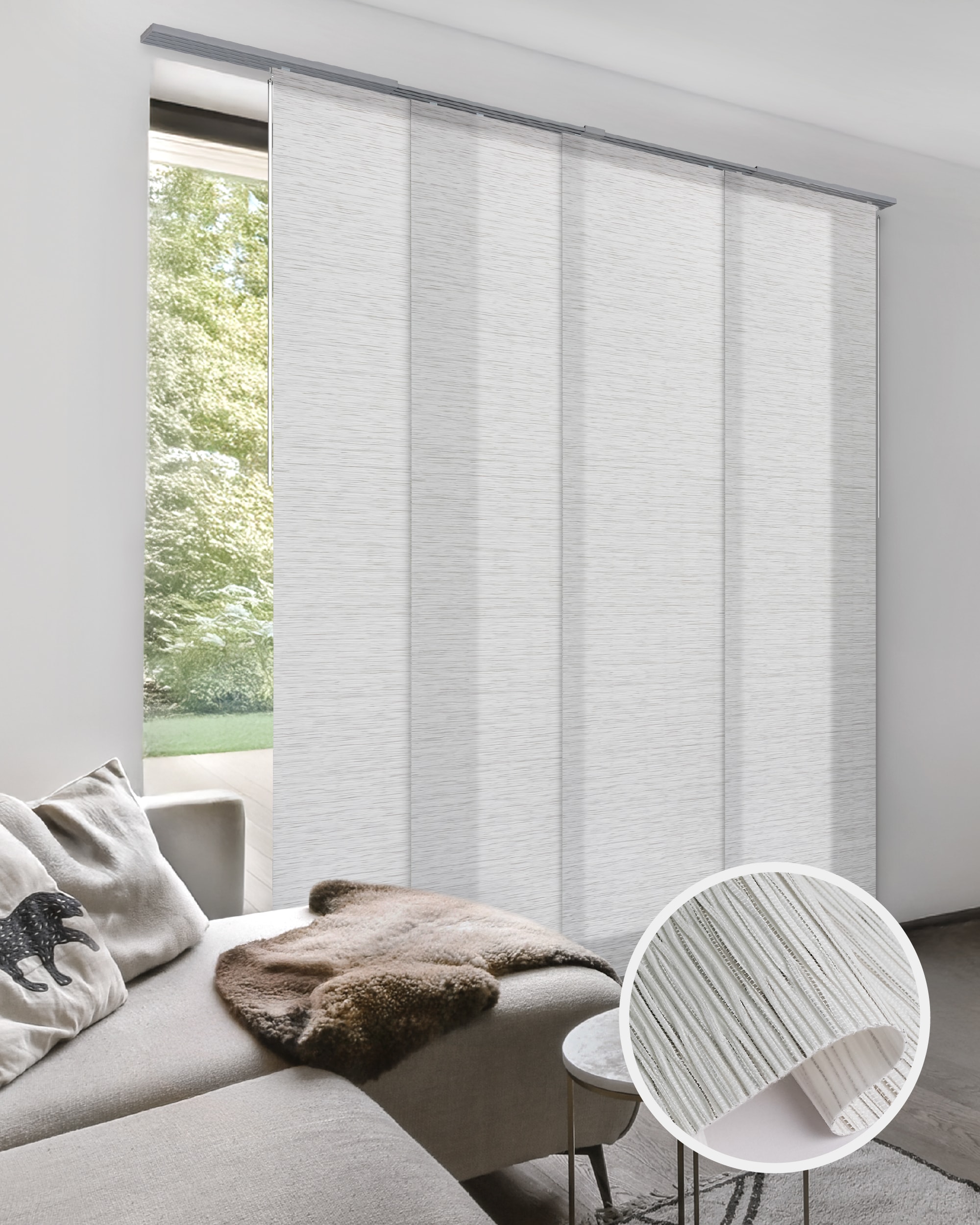 GoDear Design APX088825I086096 4-Panel Single Rail 23-in Slat Width 86-in x 96-in Cordless Mica Fabric Light filtering Vertical blinds