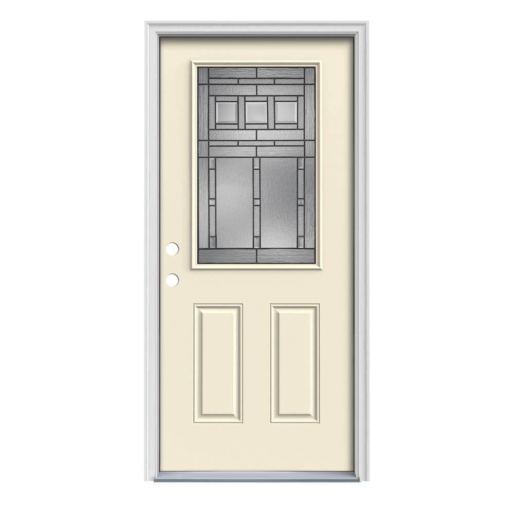 JELD-WEN LOWOLJW167000468 Craftsman 36-in x 80-in x 4-9/16-in Steel Half Lite Right-Hand Inswing Bisque Painted Prehung Front Door with Brickmould Insulating Core