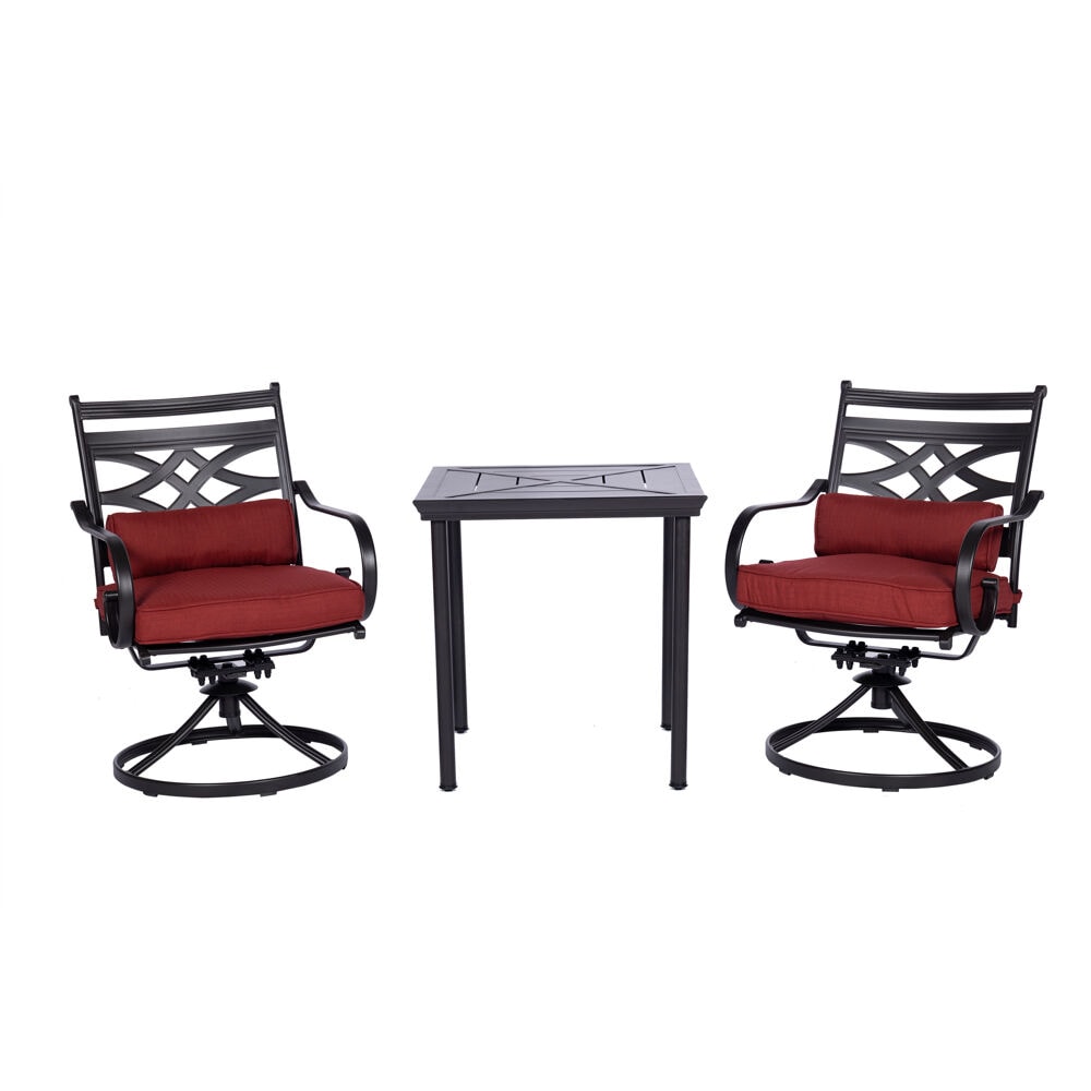 Hanover MCLRDN3PCSW2-CHL Montclair 3 -Piece Dark Brown Bistro Patio Dining Set Steel Square Table with 2 Red Cushions Swivel Chairs