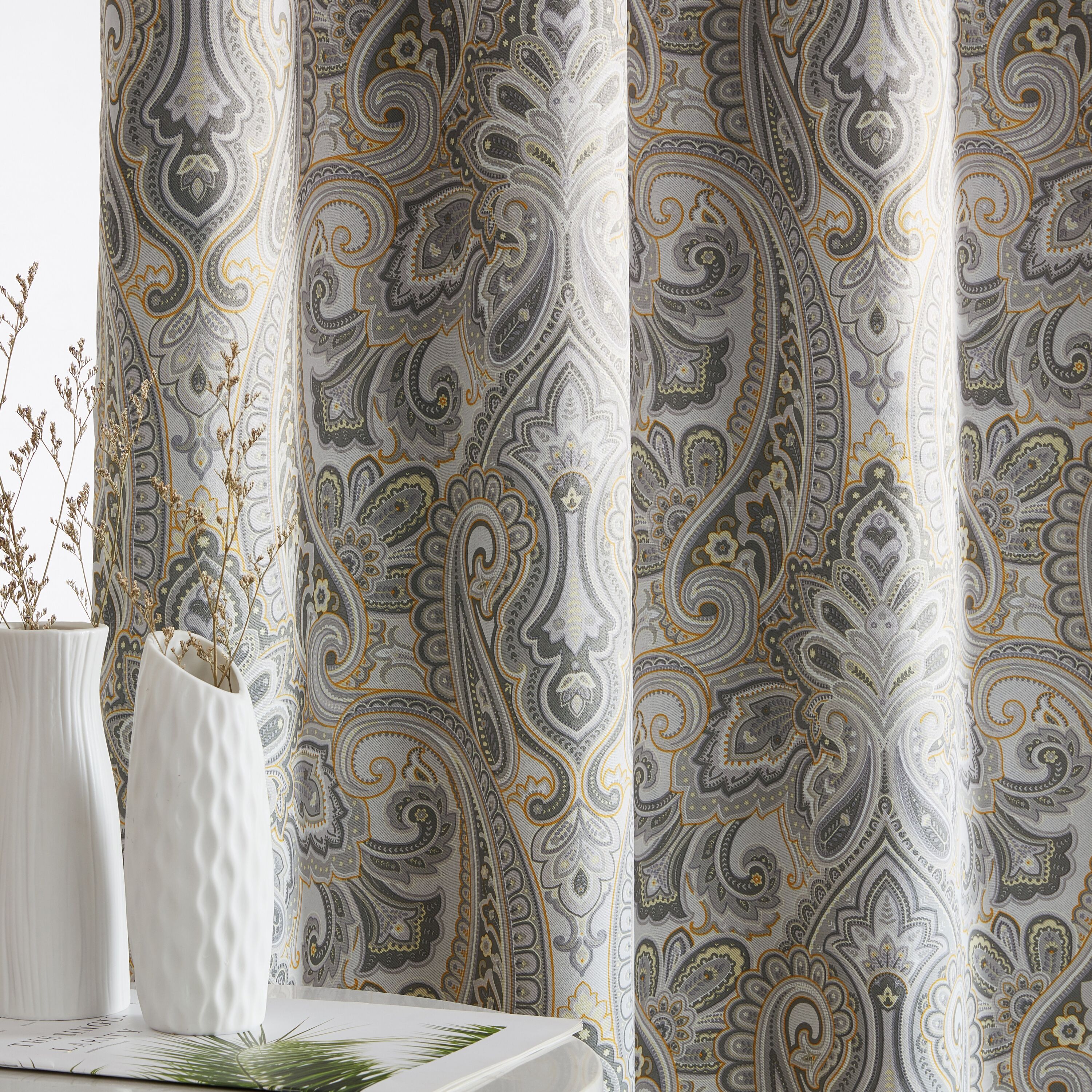 Grey Yellow Paisley Blackout Grommet Curtain Panels, 50" x 96"