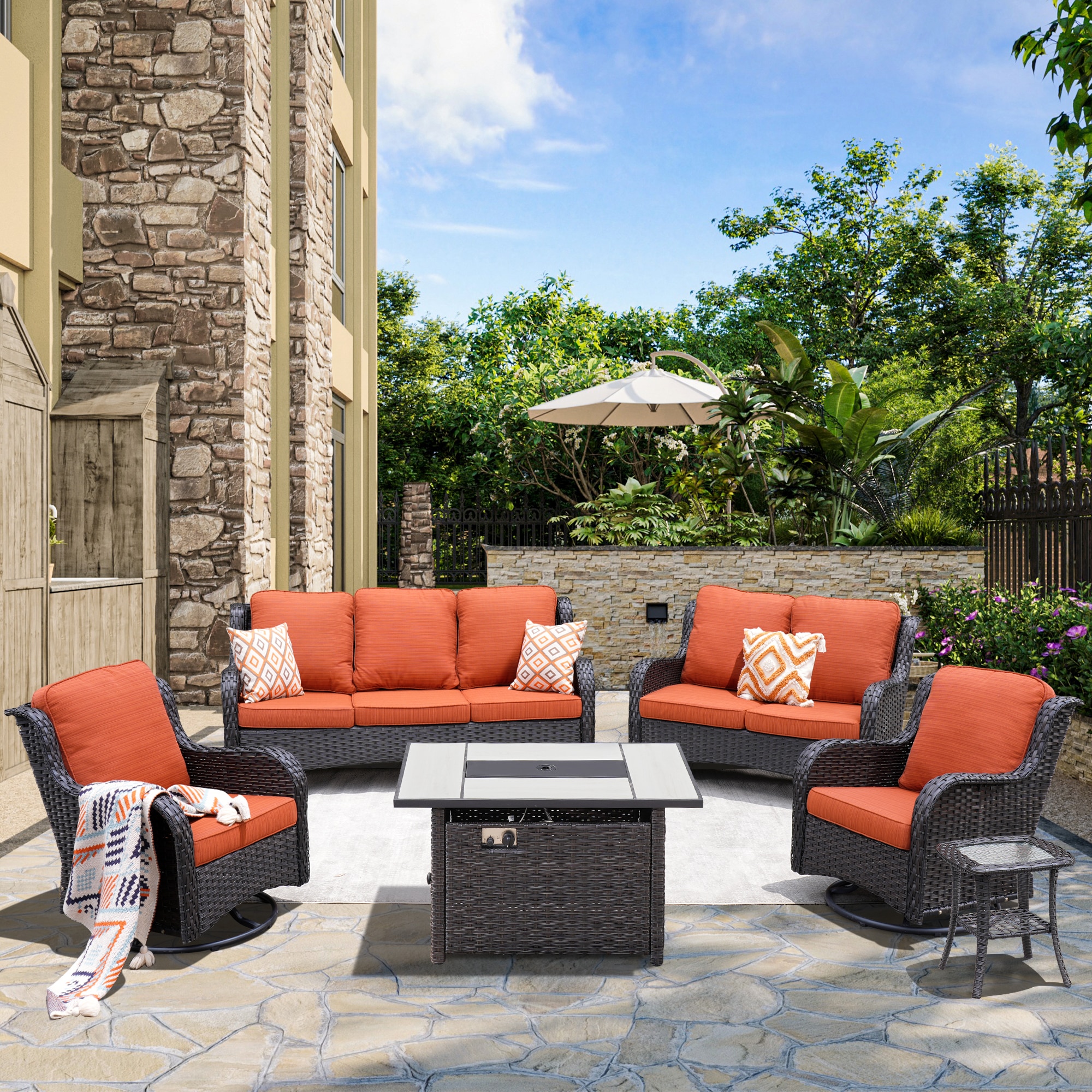 Ovios RFPNTC8-6Y 6-Piece Wicker Patio Sofa Conversation Set with Orange Cushions