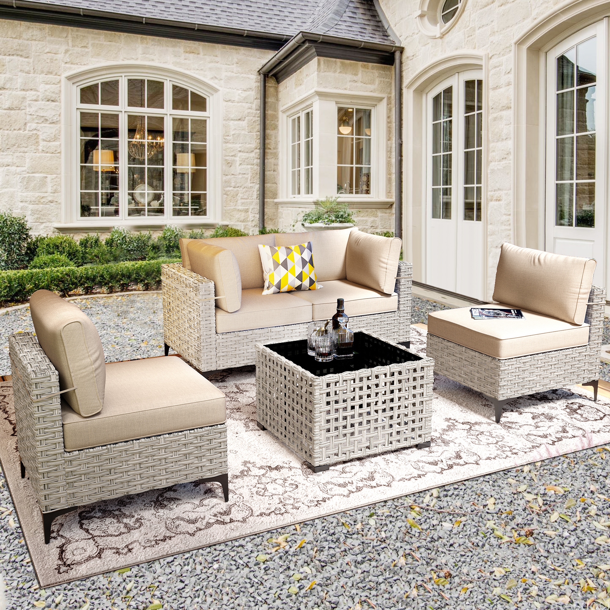 Ovios SK605 5 -Piece Wicker Patio Conversation Set with Beige Cushions