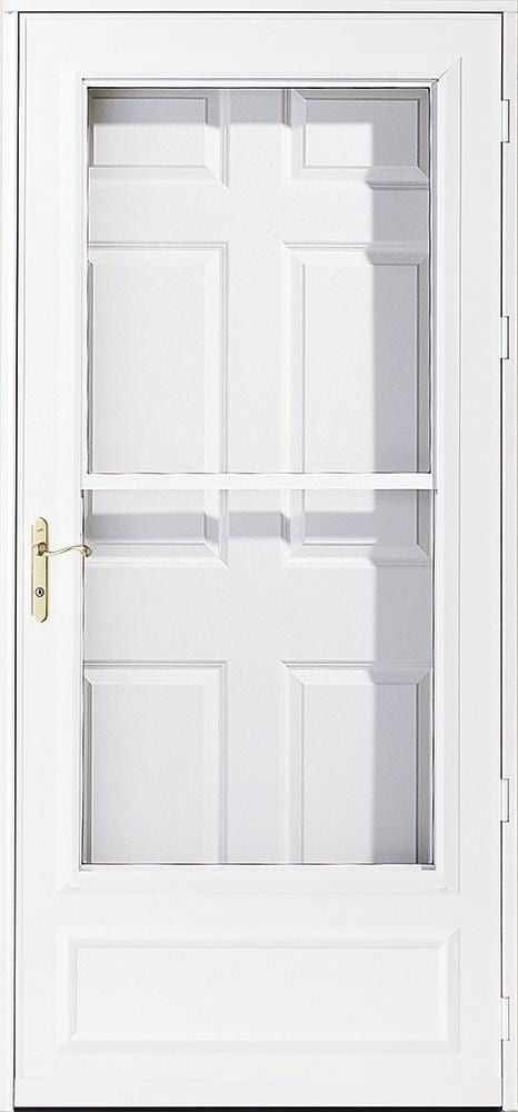 Pella Helena 32-in x 81-in White Mid-view Retractable Screen Wood Core  Storm Door with Polished Brass and White Handle at