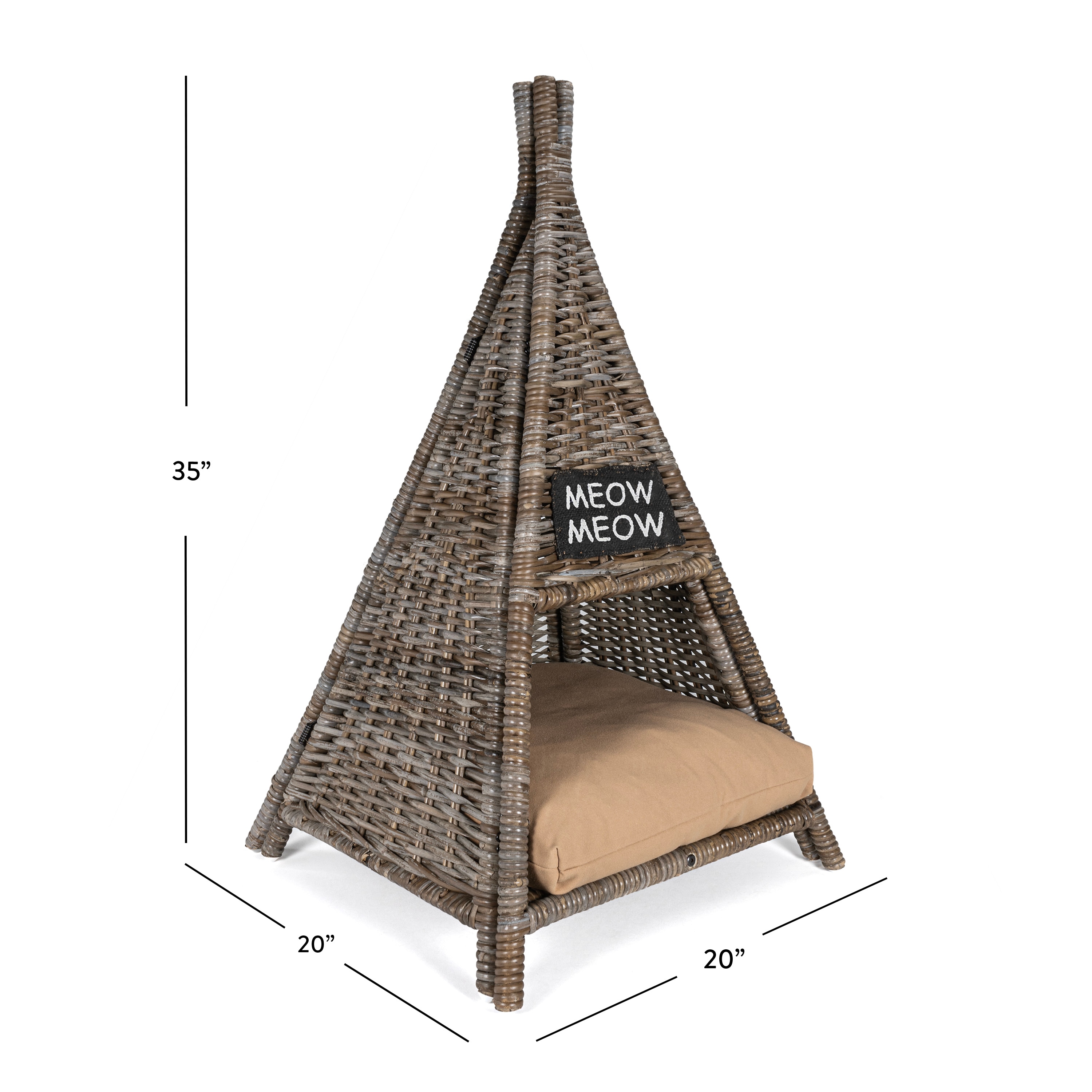 Small Kubu Gray Handwoven Rattan Triangle Cat Bed with Cushion