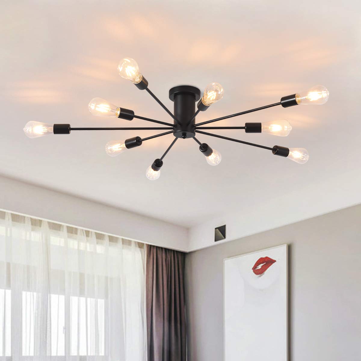 Adrinfly  Semi Flush Mount Ceiling Light 10 Light Modern Black Sputnik Chandelier Industrial Style for Kitchen Dining Living Bedroom Foyer
