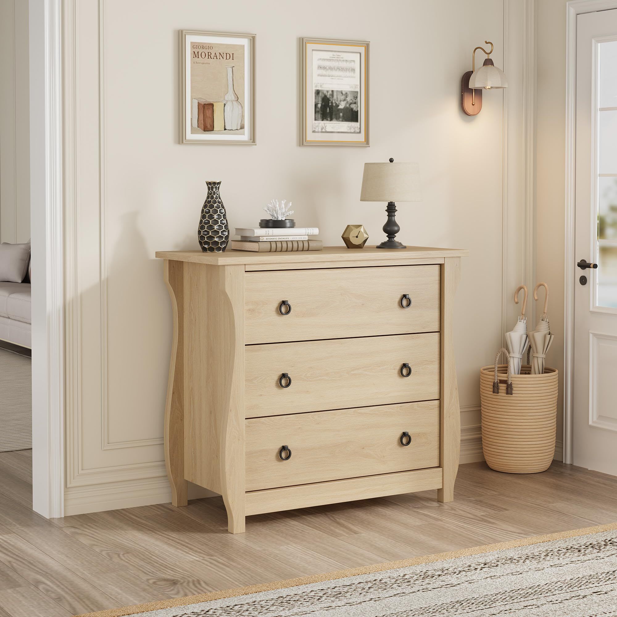 Qeetex NB-PHK335WPY6T 3 Drawer Boho Dresser with Rattan Accents and Curved Legs Compact Storage Cabinet for Bedroom Living Room Entryway Nursery Wood Color