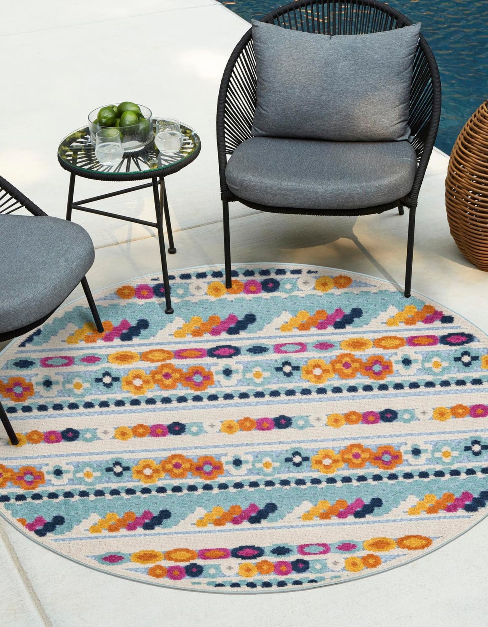 Unique Loom 3171183 Aruba Outdoor 5 x 5 (ft) Loomed Polypropylene Blue Round Indoor/Outdoor Stripe Area rug
