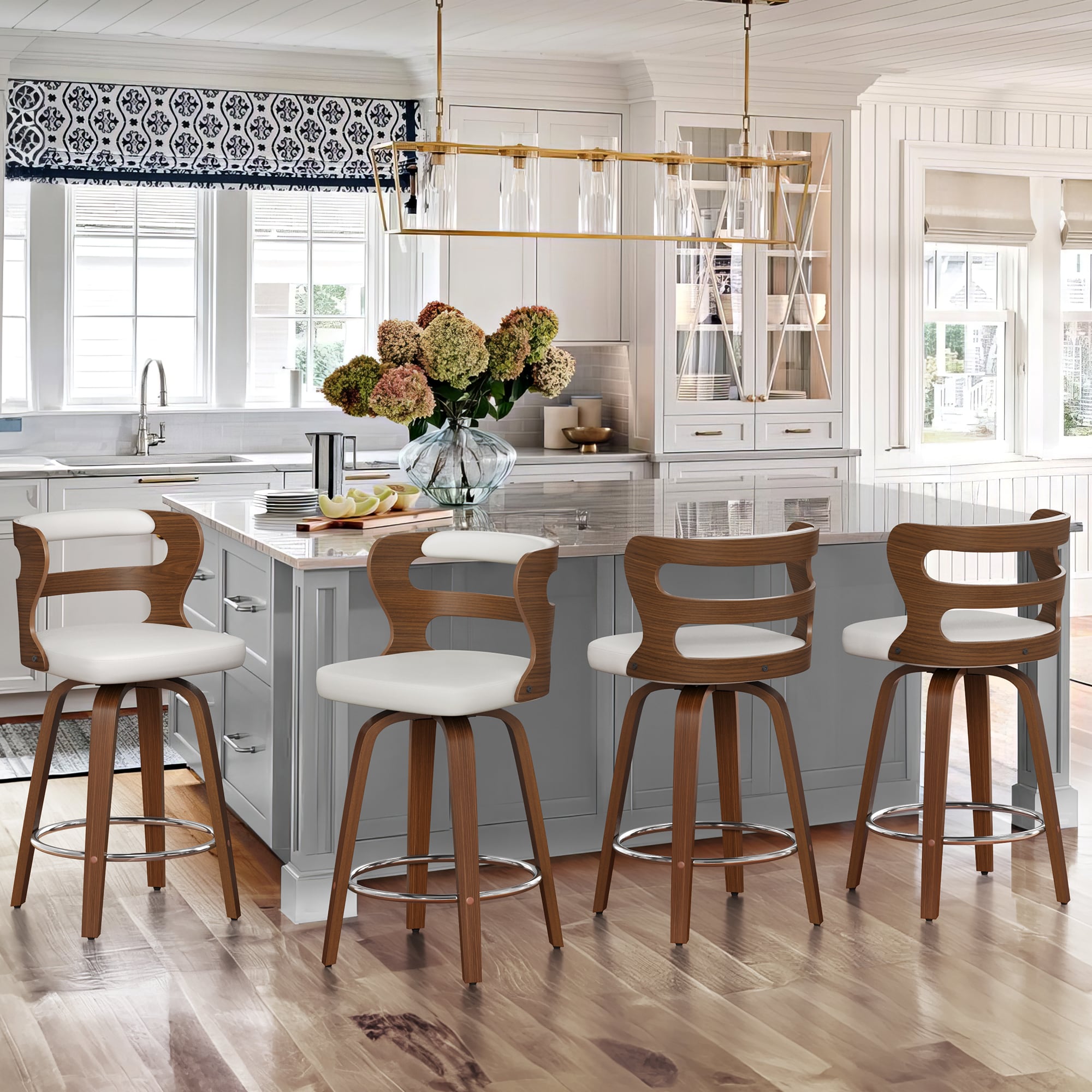 LUE BONA 4YB-114-01LS 4 -Set White 26-Inches H Counter height Square seat Upholstered Swivel Wood Bar Stool and Back