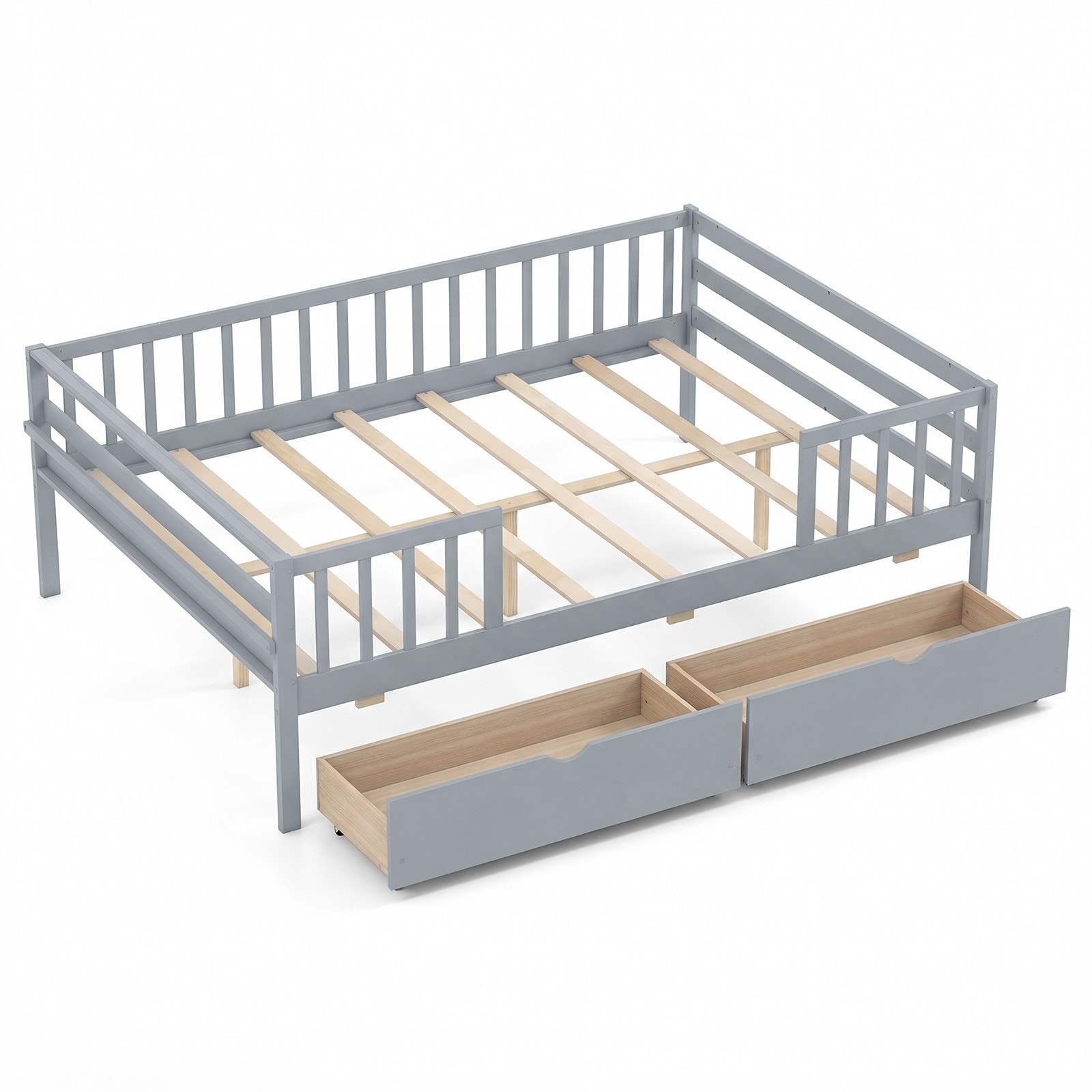 Slickblue Full Size Wood Platform Bed with Storage Drawers Pine Wood and Engineered Wood Bed Frame with Guardrail Kids Bed with Under Bed Storage in White or Gray