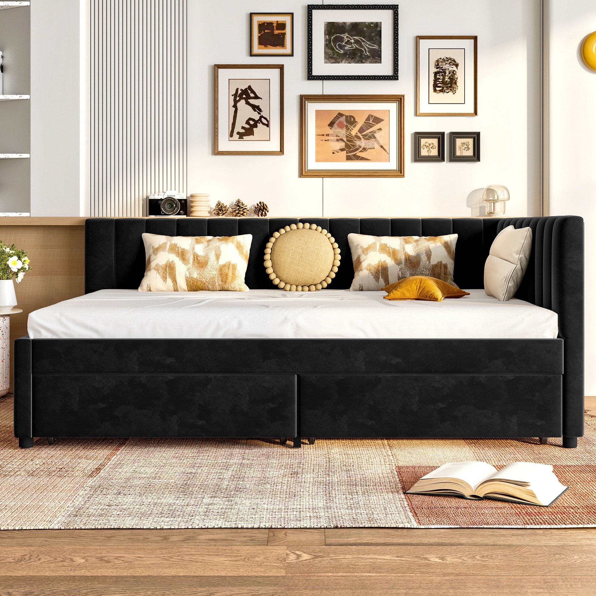 Horizons Prime Full Size Black Velvet Upholstered Daybed with L Shaped Headboard and 2 Storage Drawers