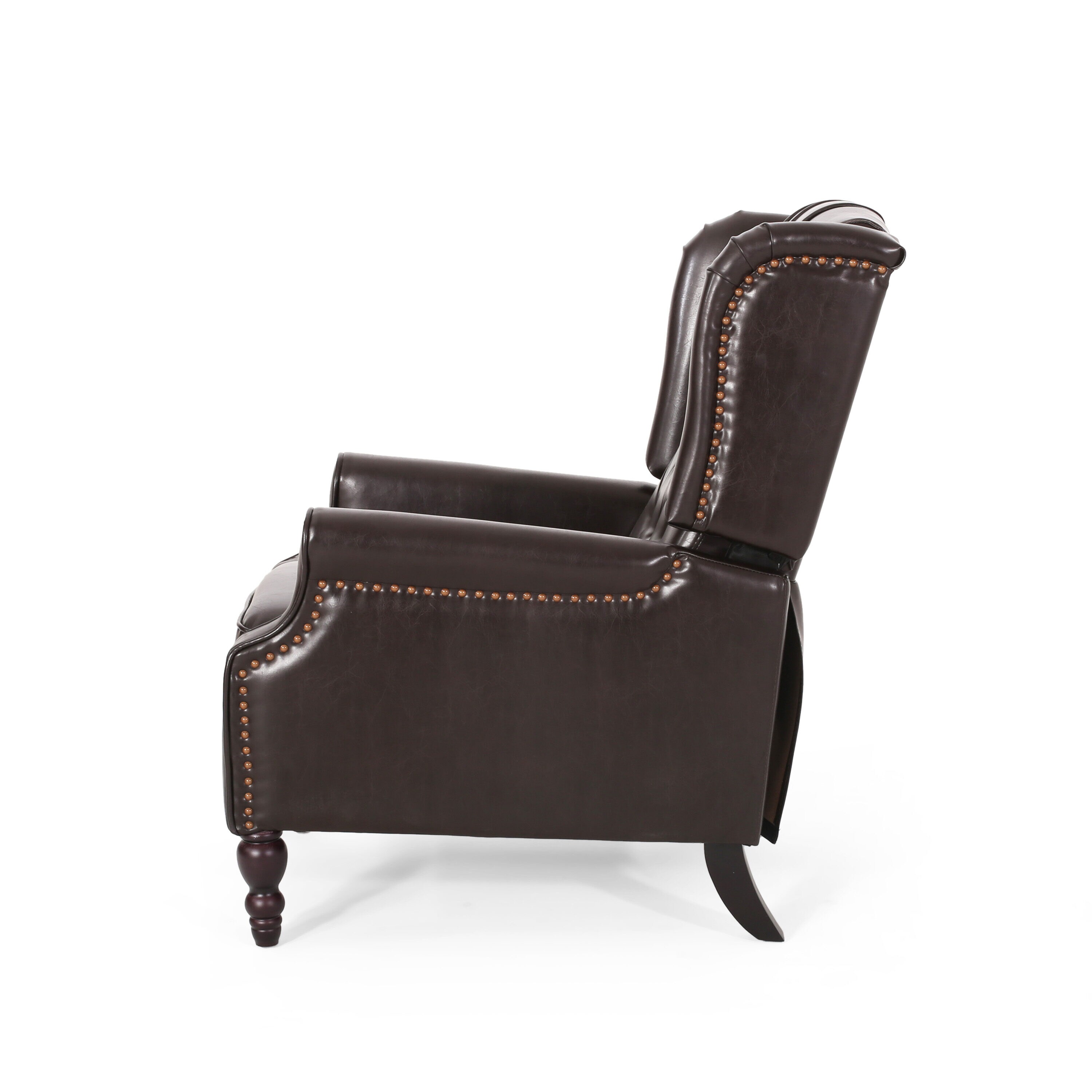 Brown Tufted Leather Wingback Recliner with Wood Legs