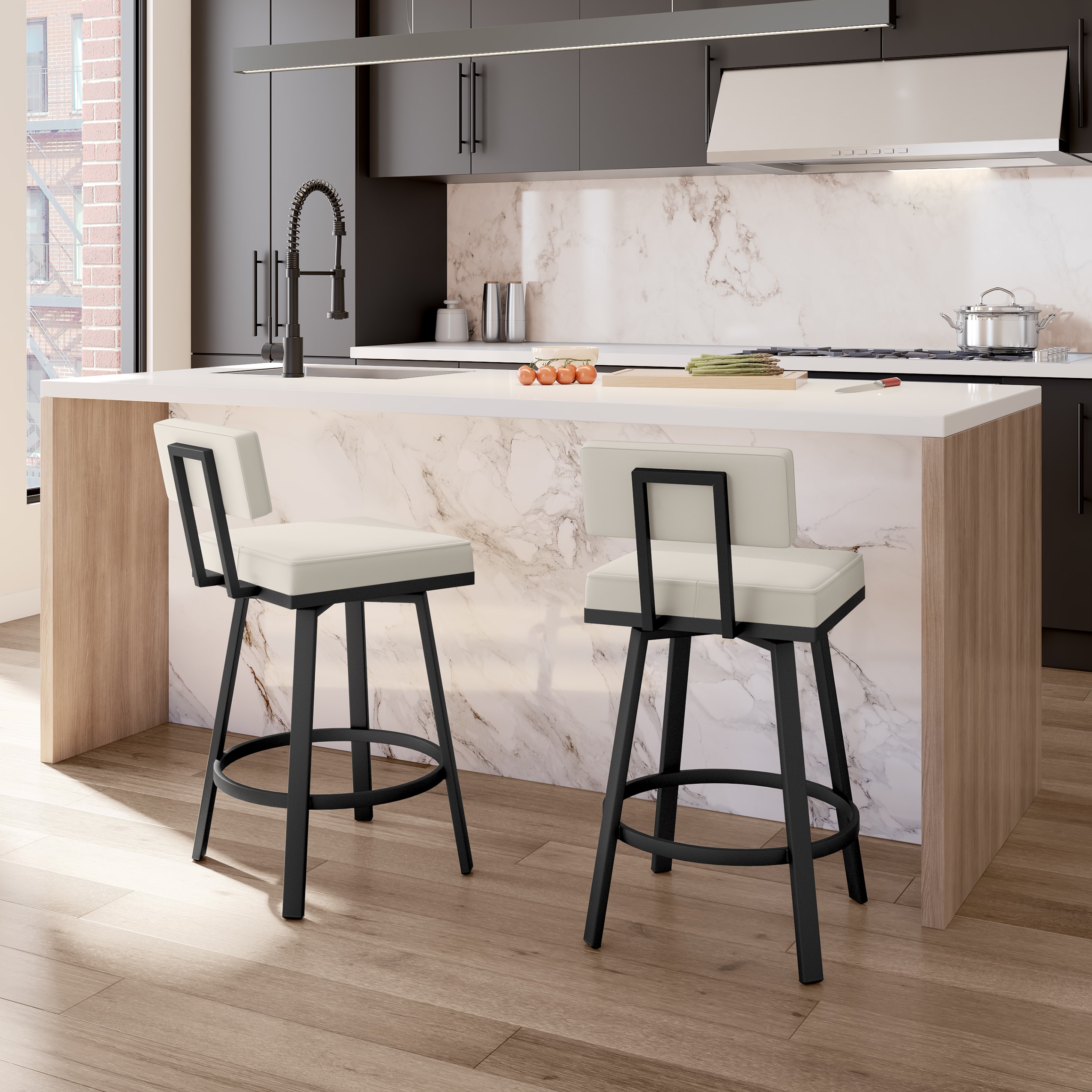 Staten Off White Faux Leather Swivel Counter Stool with Black Metal Frame