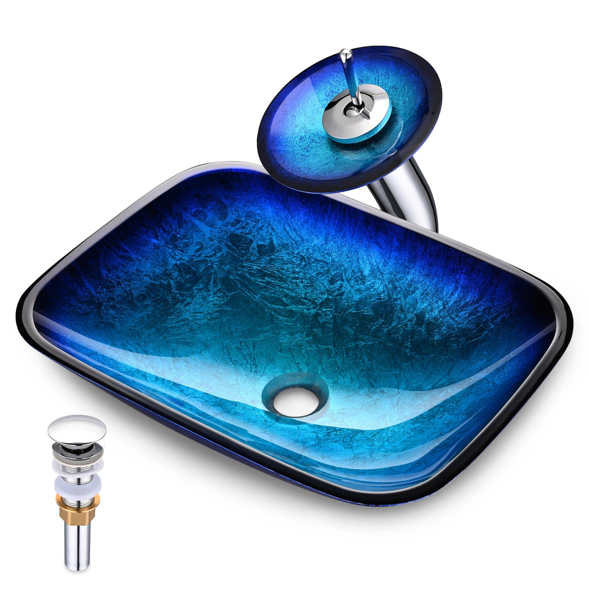 Yescom 80GSK010-SET-03-LO Tempered Glass Sink Transitional Style Basin Vessel Waterfall Faucet