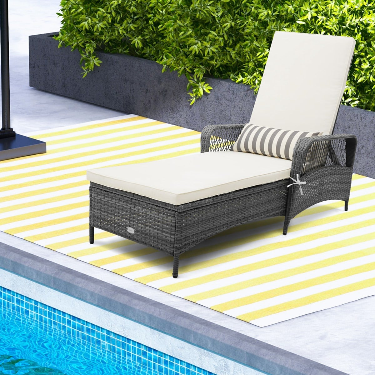 Costway HW71246 1 PC Outdoor Chaise Lounge Chair Patio Recliner with 6-Level Backrest Cushion and Pillow
