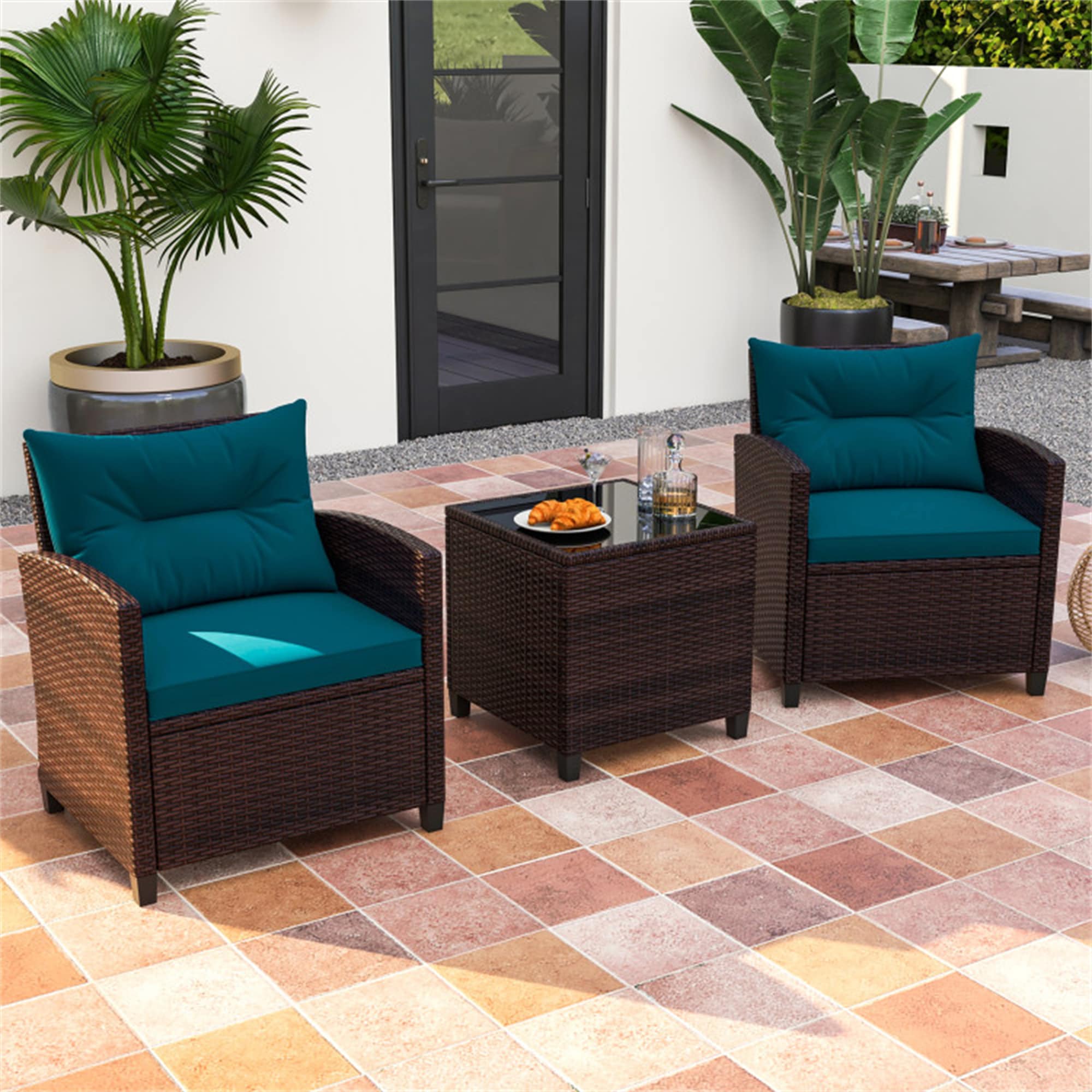 BABOOM BOM-68667PB-CO 3 -Piece Rattan Patio Conversation Set with Blue Cushions