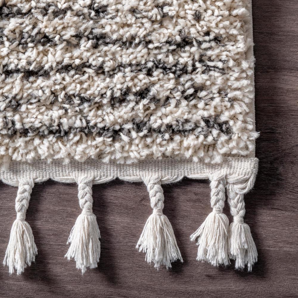 Off-White and Charcoal Synthetic Diamond Pattern Shag Runner Rug