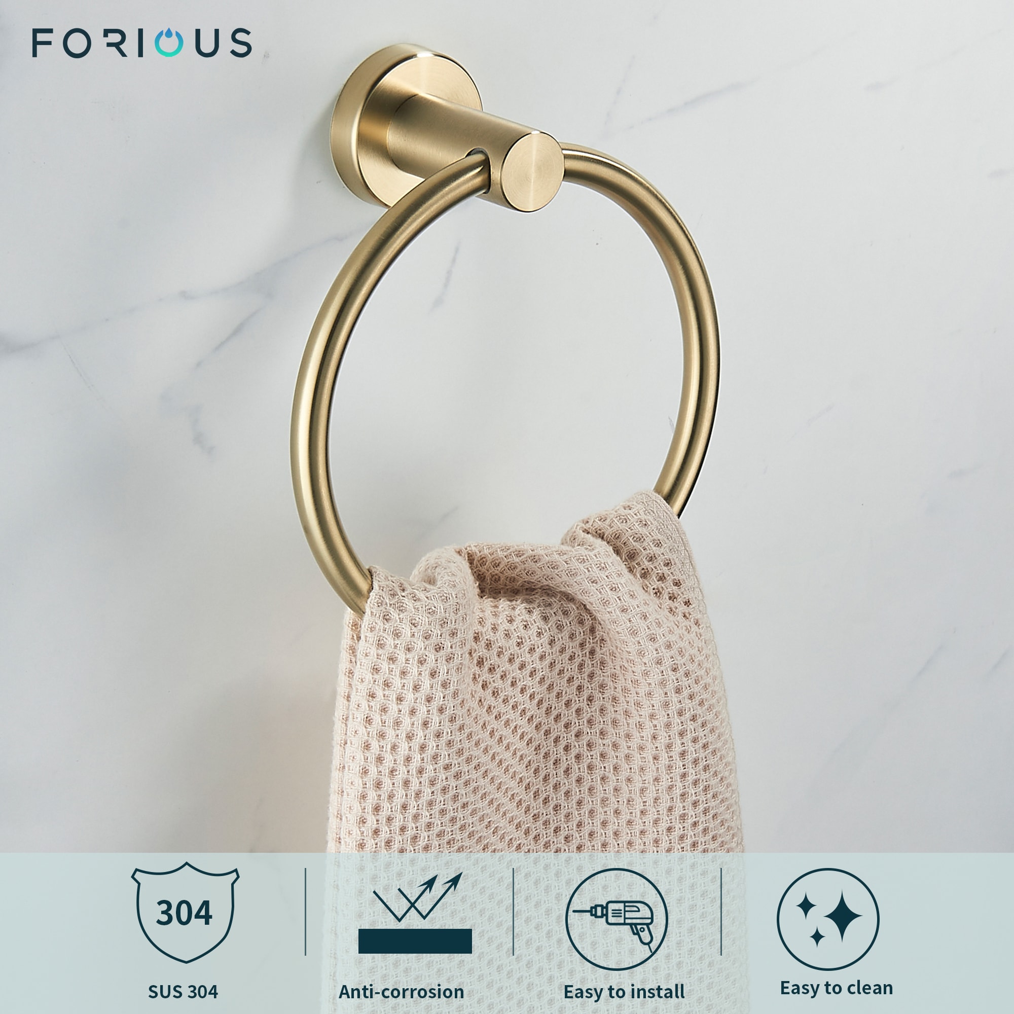 FORIOUS Brushed Gold Metal Towel Ring, Wall Mount, Single Design, Rust ...