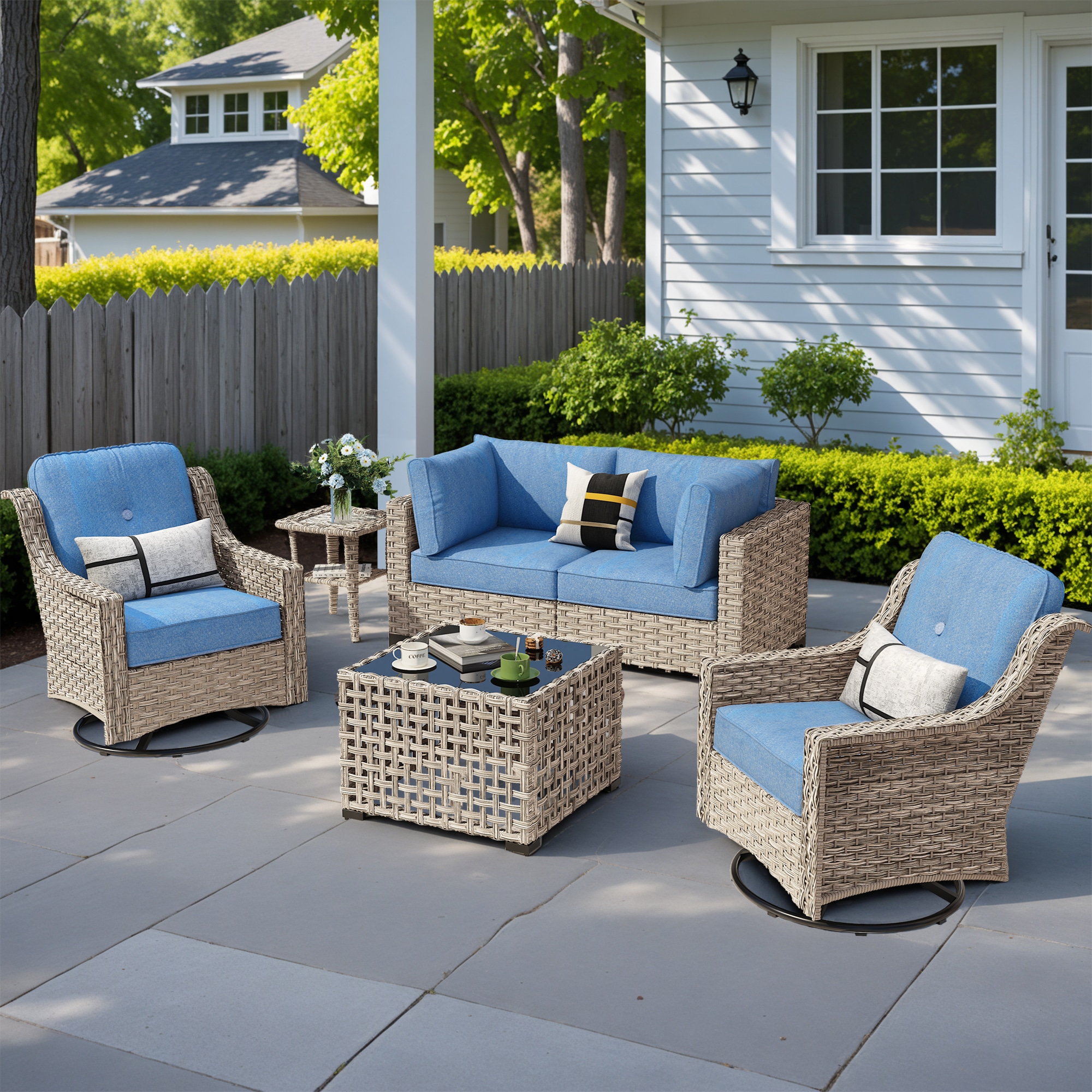 ALTRIGUS 6L-YZSKT506-AL 6 -Piece Wicker Patio Sofa Conversation Set with Blue Cushions