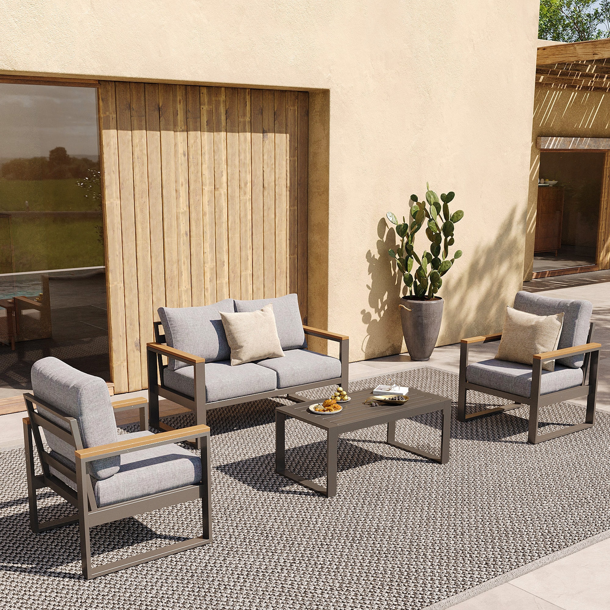 AURA OUTDOOR SAS001-GY 4 -Piece Patio Conversation Set with Gray Cushions