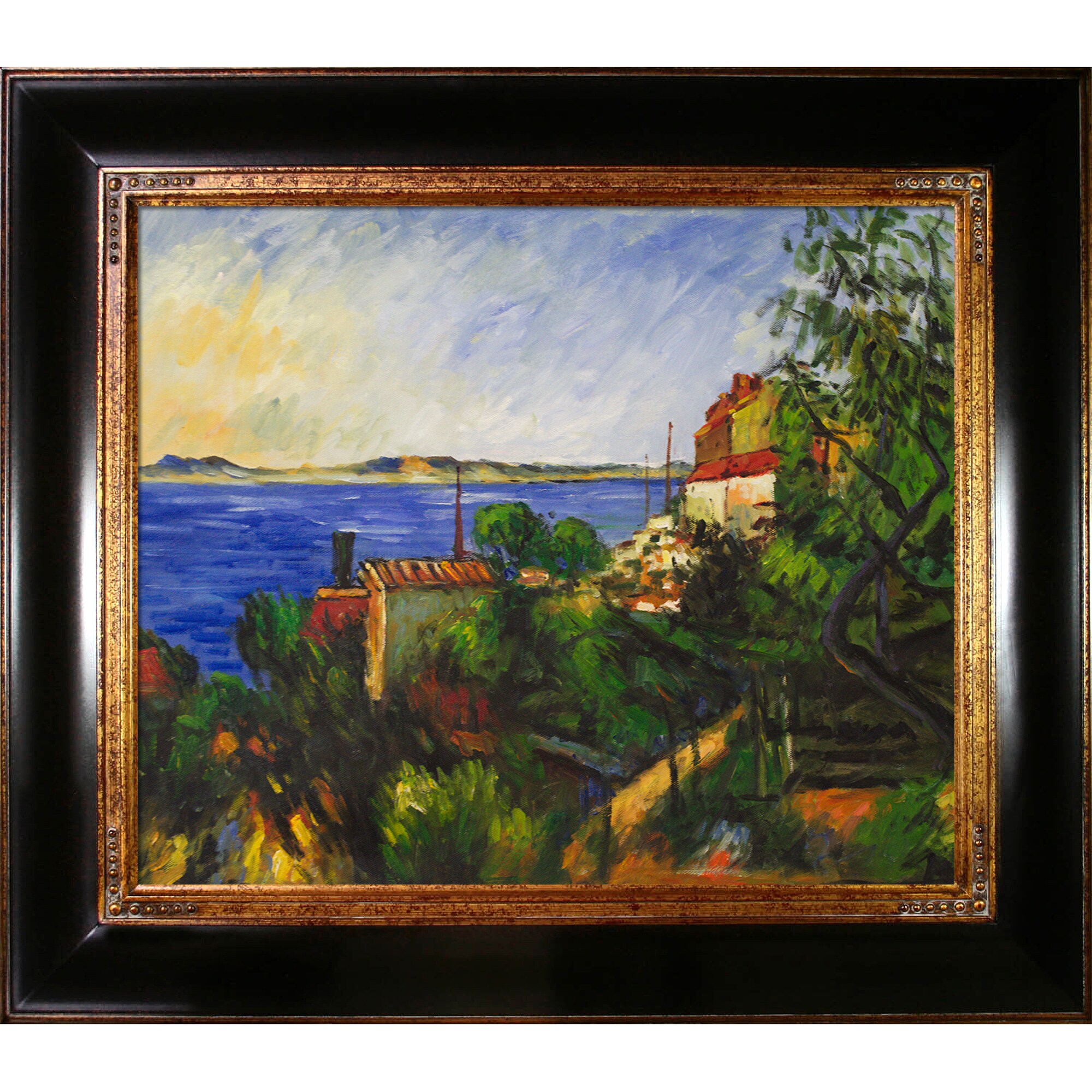 La Pastiche 688576946504 La Mer A L'estaque Paul Cezanne Framed 29-in H x 33-in W Landscape Canvas Hand-painted Painting