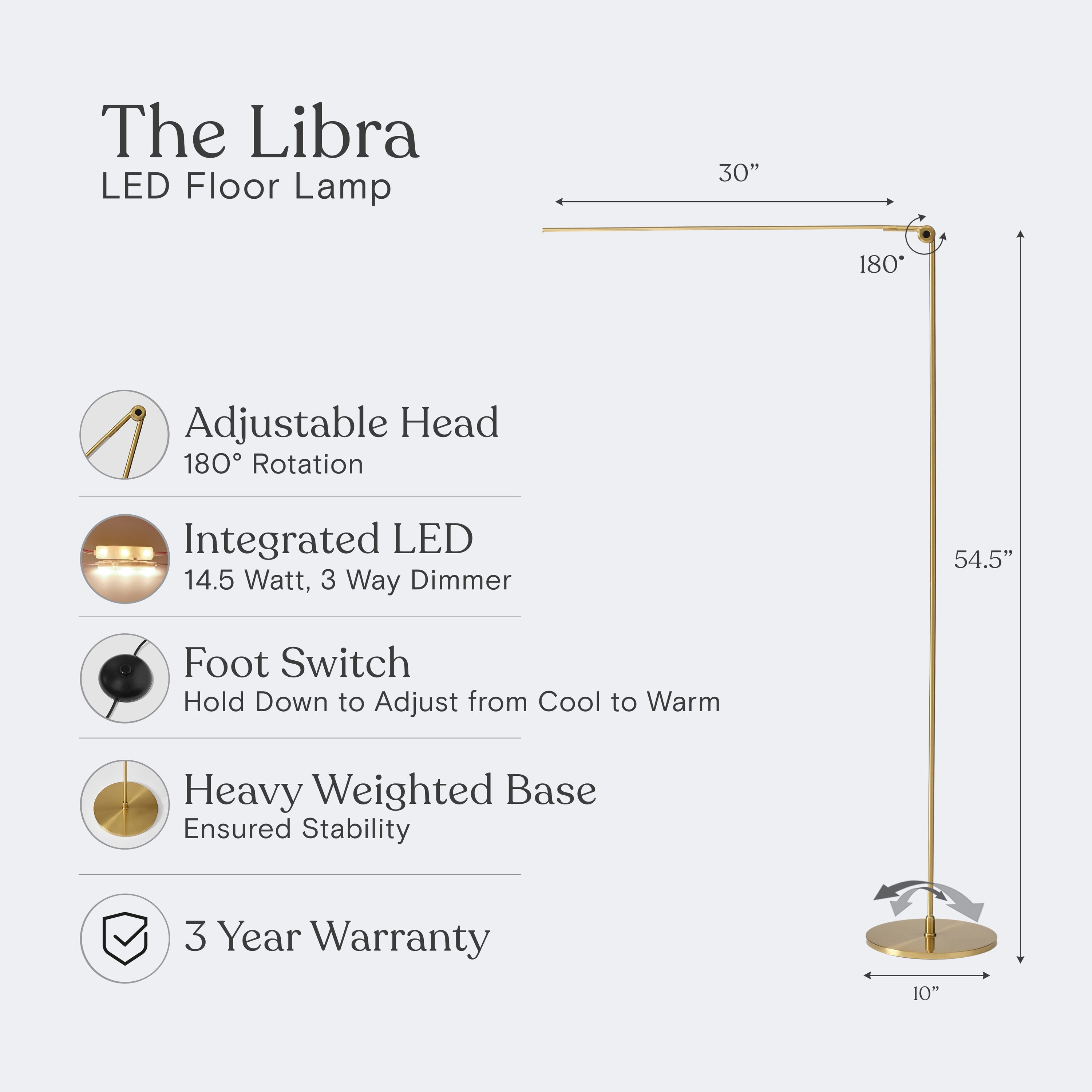 Libra Brass Adjustable LED Floor Lamp with 3-Way Switch