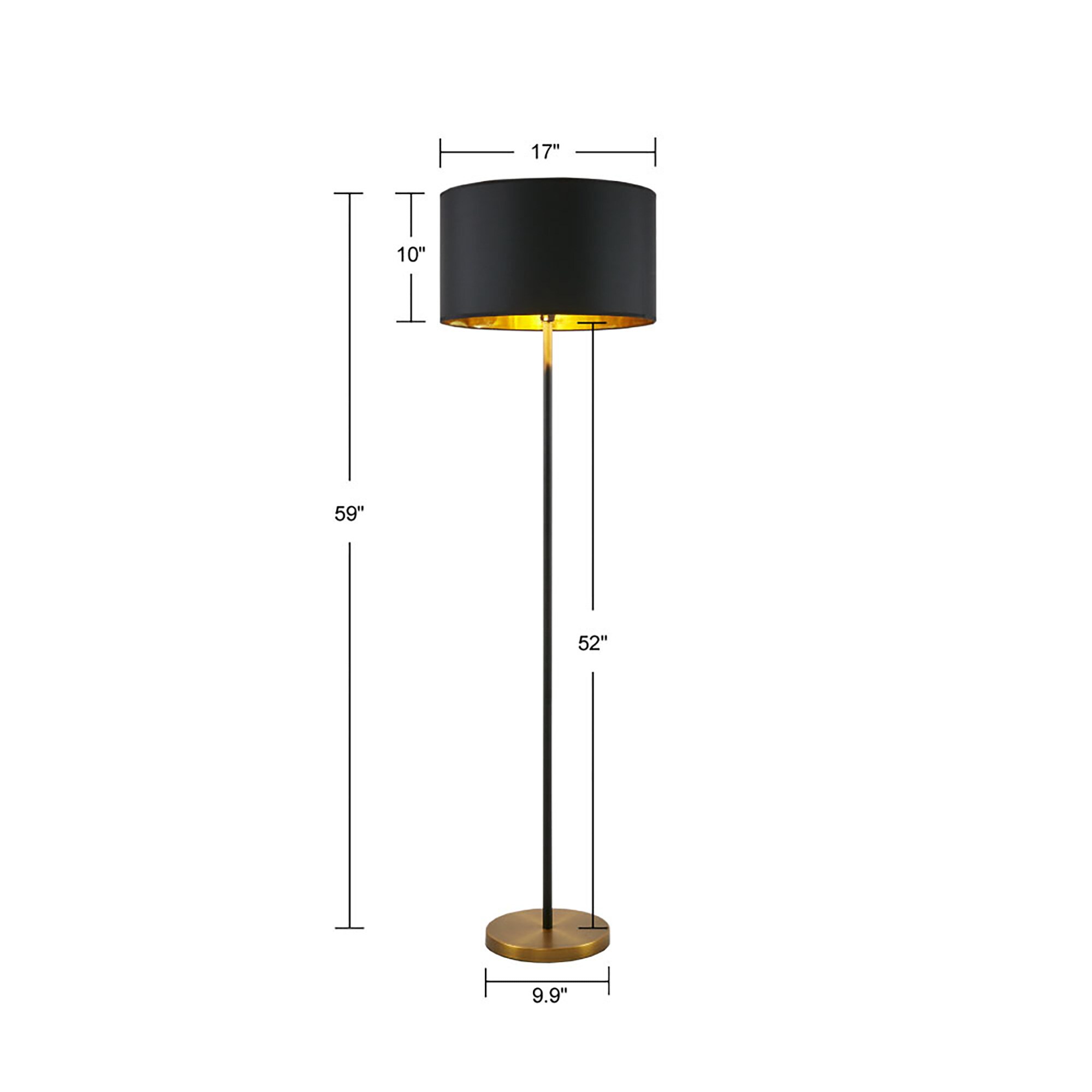 B&W 59 inch Metal Floor Lamp with Black Drum Shade and Gold Interior ...