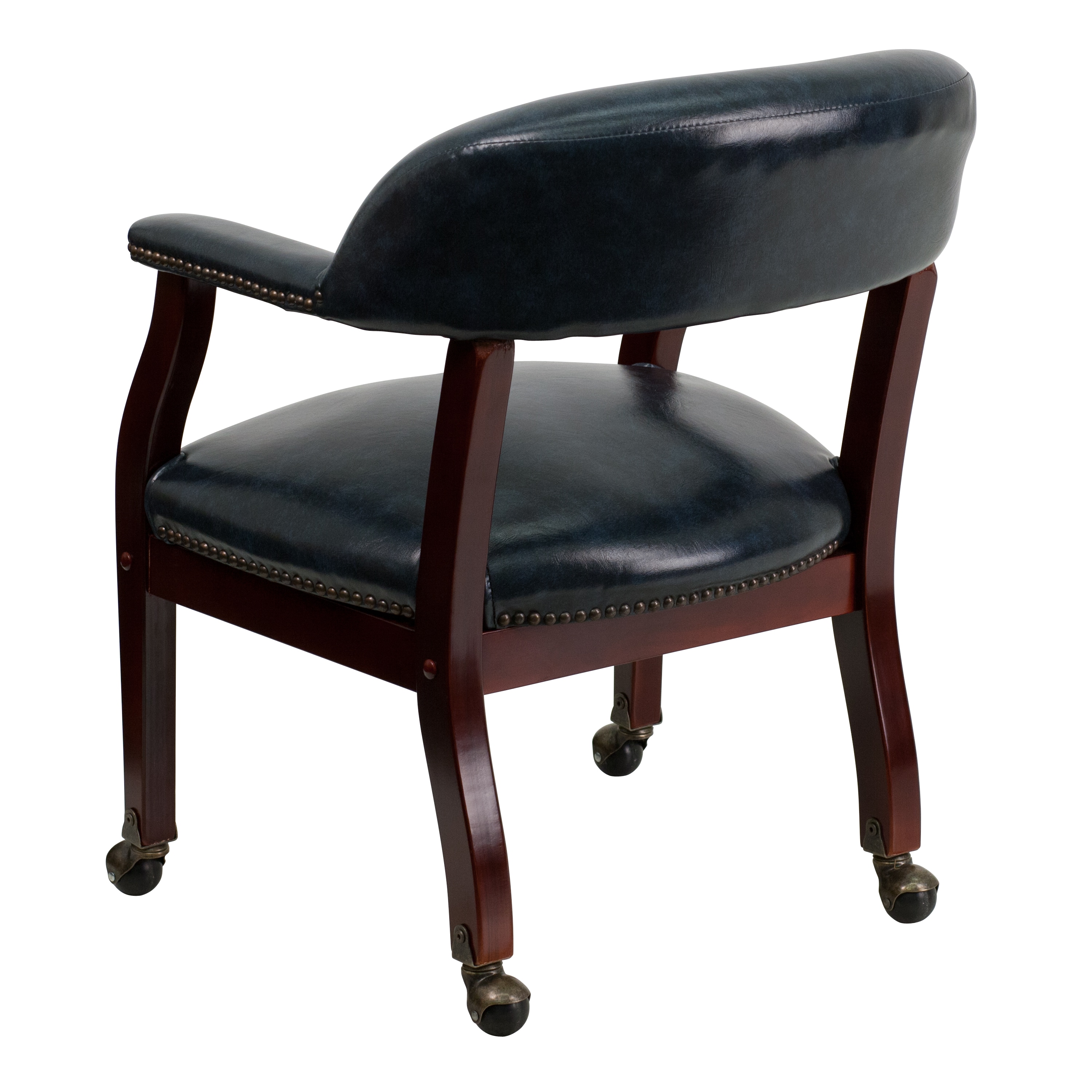 Navy Vinyl Captain's Conference Chair with Brass Casters and Mahogany Frame
