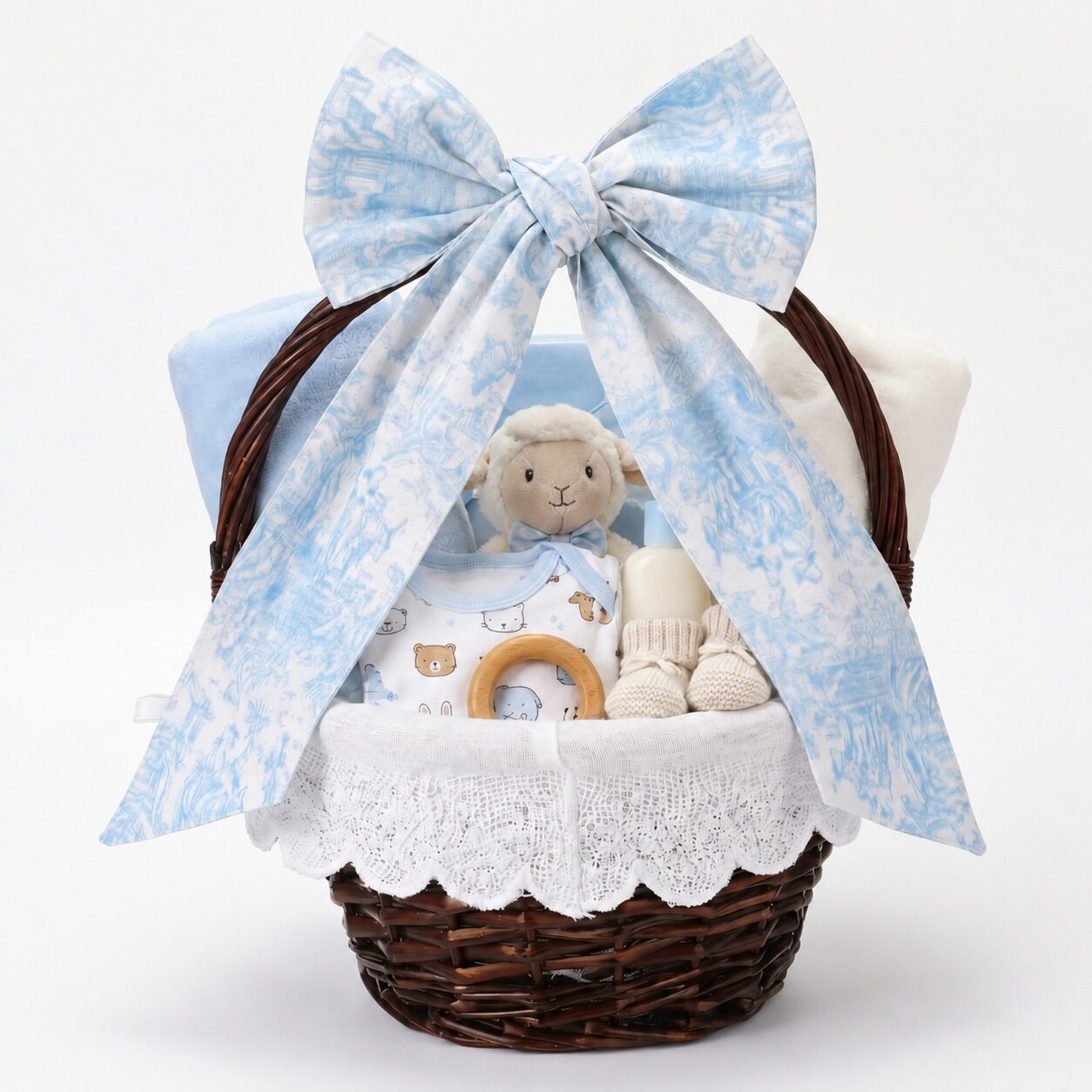 AKSCYZM  Large Blue Wicker Basket with Handle and Scalloped Fabric Liner for Spring Picnic Gift Storage and Wedding Decor