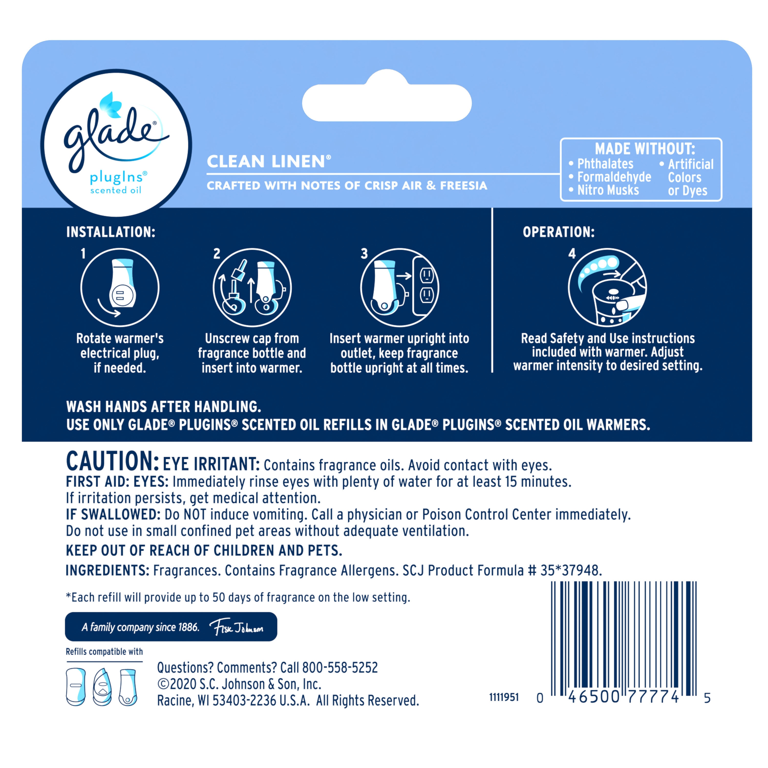 Glade PlugIns Air Freshener Refill, Scented and Essential Oils for Bathroom  and Home Fragrance, Clean Linen, 2 Count : : Health & Personal Care