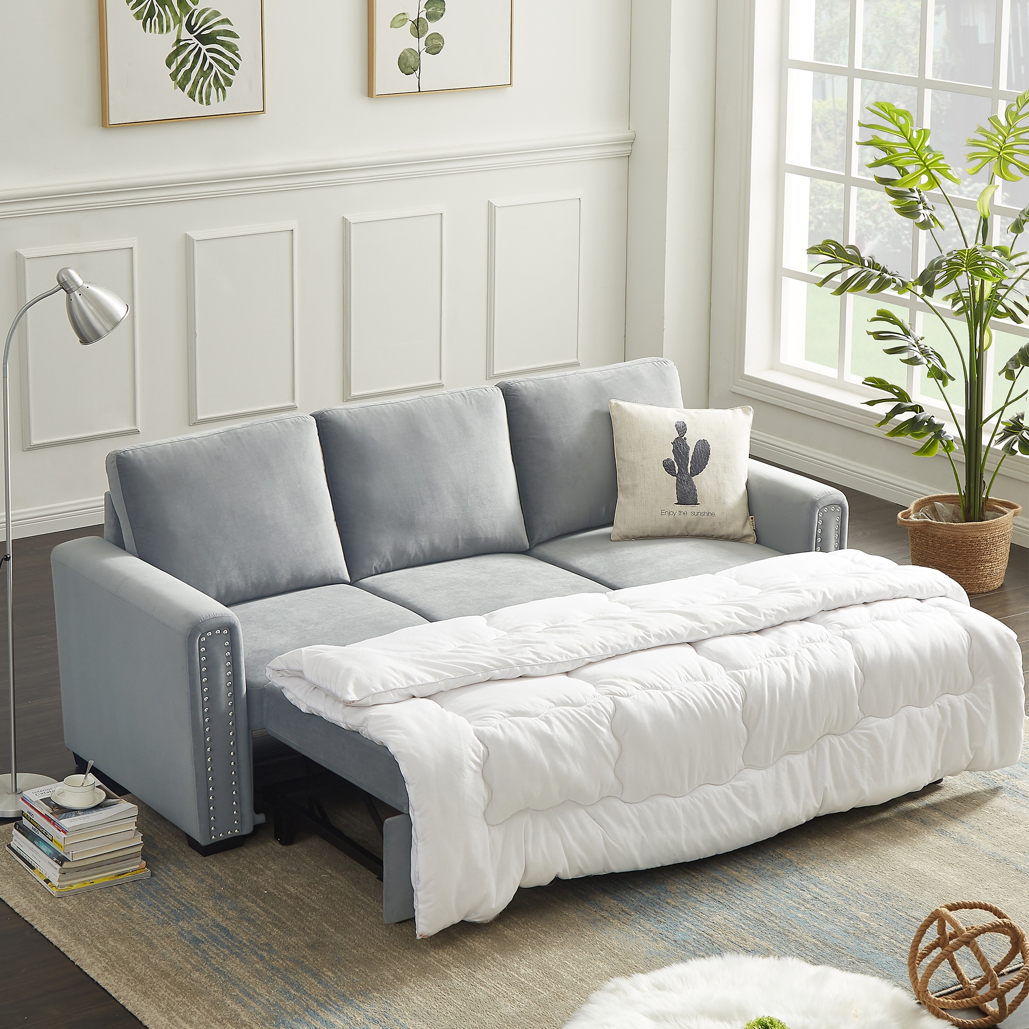 Clihome Pull-Out Sofa-Bed 60-in Modern Light Gray Velvet 3-seater