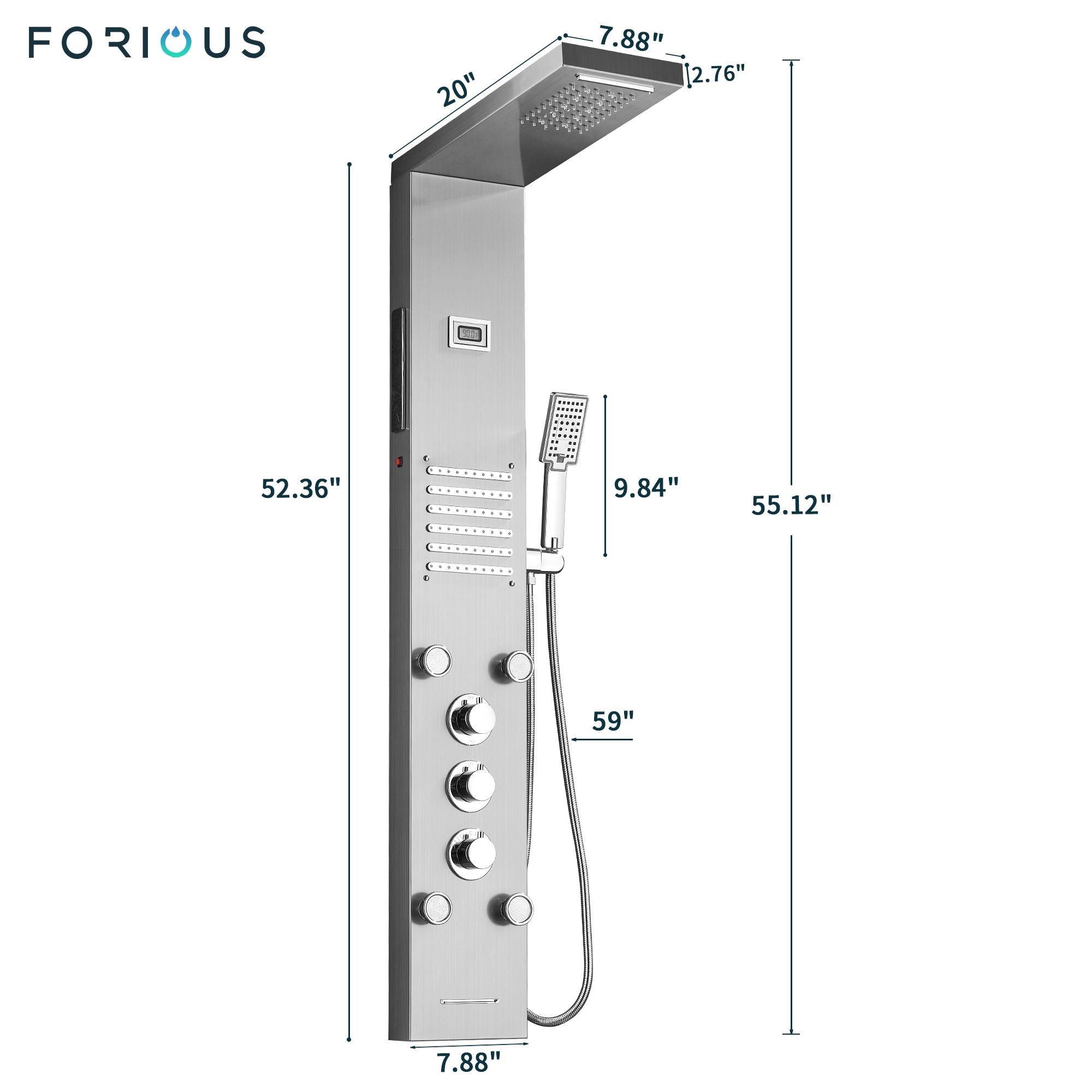 FORIOUS 55 in SP Brushed Nickel 20.08-in Waterfall Dual Head Shower ...