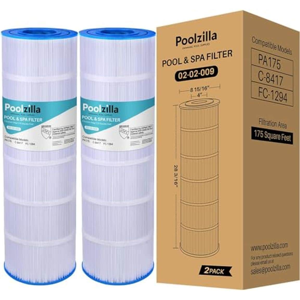 Poolzilla 02-02-009-2PK 2 Pack Replacement Pool Filter Cartridge Compatible with PLF175A Filbur FC 1294 Hayward C1750 CX1750RE PA175 Unicel C 8417 PCCF 175 25230 0175S 817 0175P PXC 175