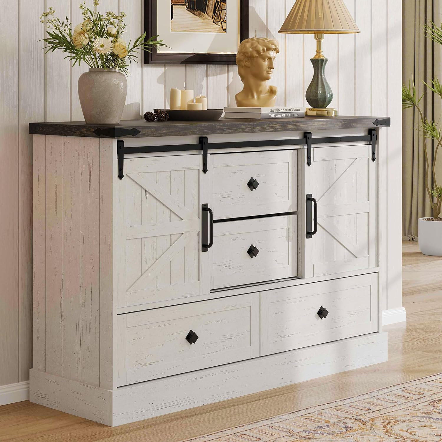 Qeetex D23PHO34GFQXAE Farmhouse 4 Drawer Painted Engineered Wood Dresser for Bedroom with Sliding Barn Doors Removable Divider White
