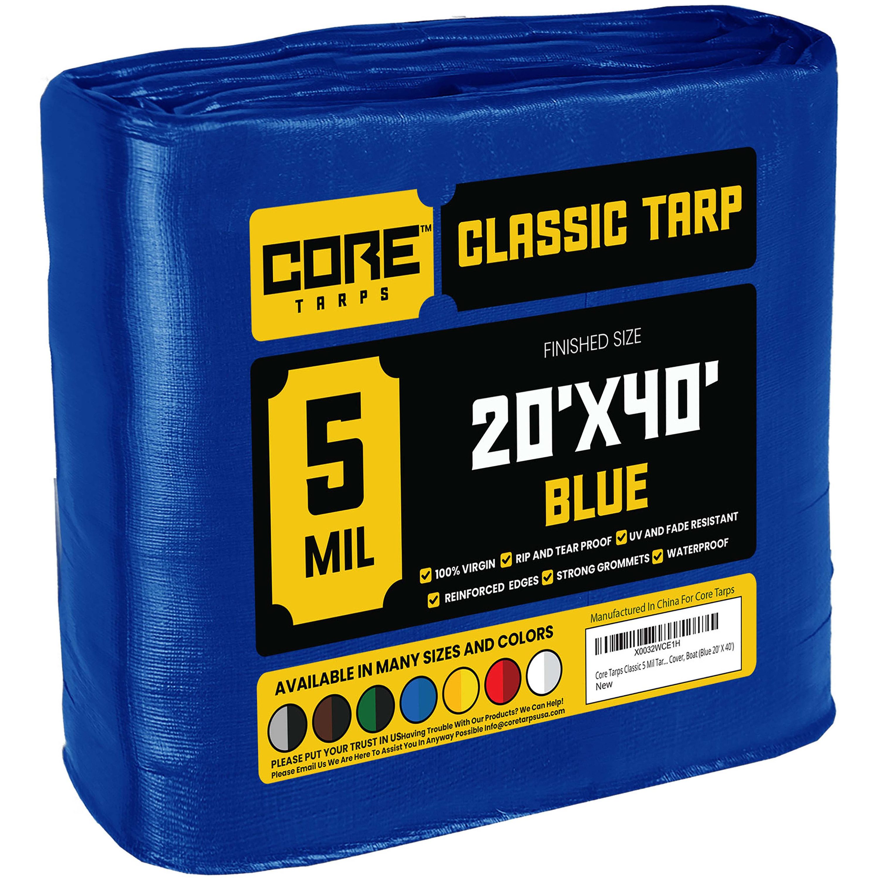 Core Tarps CT-505-20X40 20-ft x 40-ft Blue Waterproof Commercial Polyethylene 5-mil Tarp
