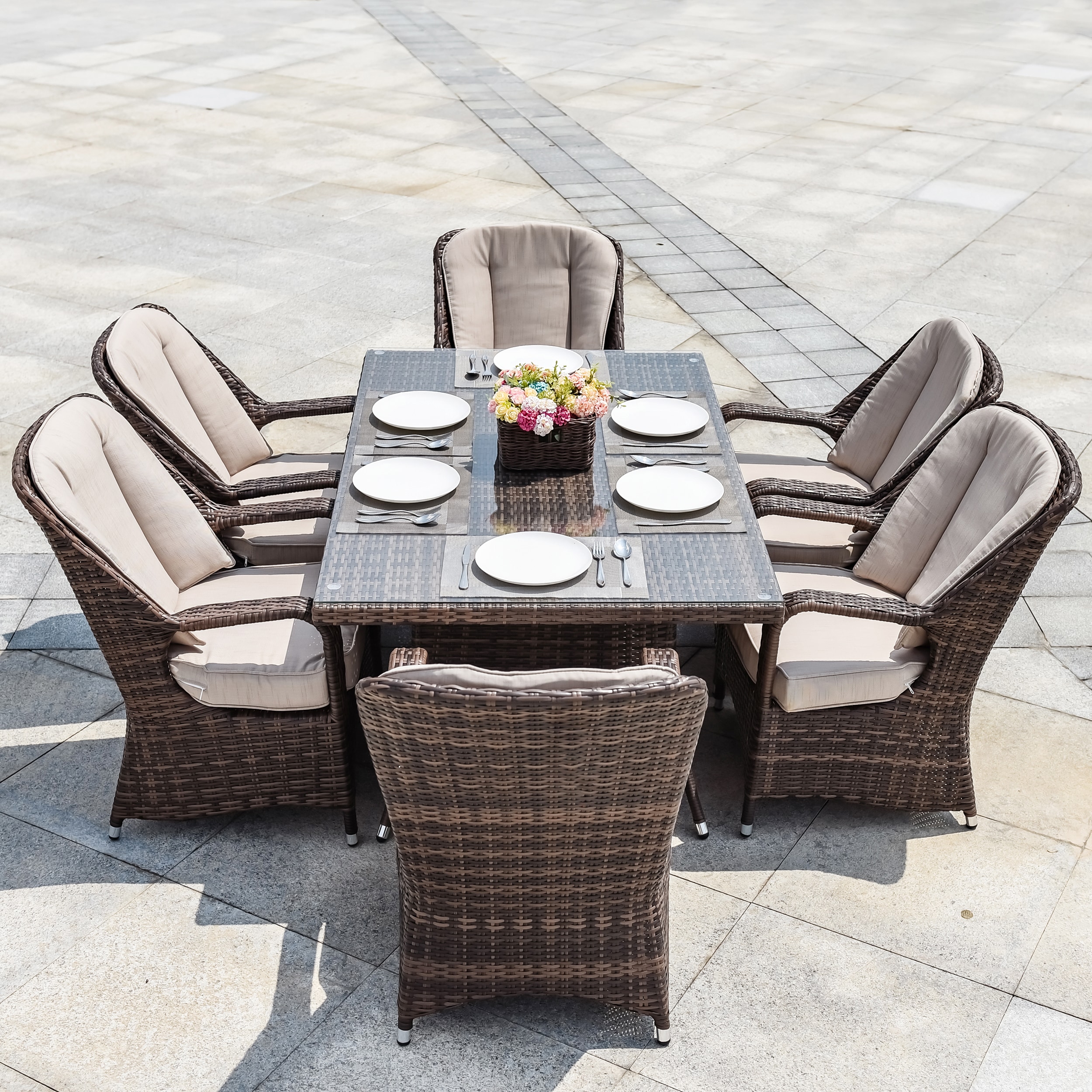 Moda Furnishings CMAD-1712-BR Lane 7 -Piece Black Wicker Patio Dining Set Wicker Rectangle Table with 6 Tan Cushions Stationary Chairs