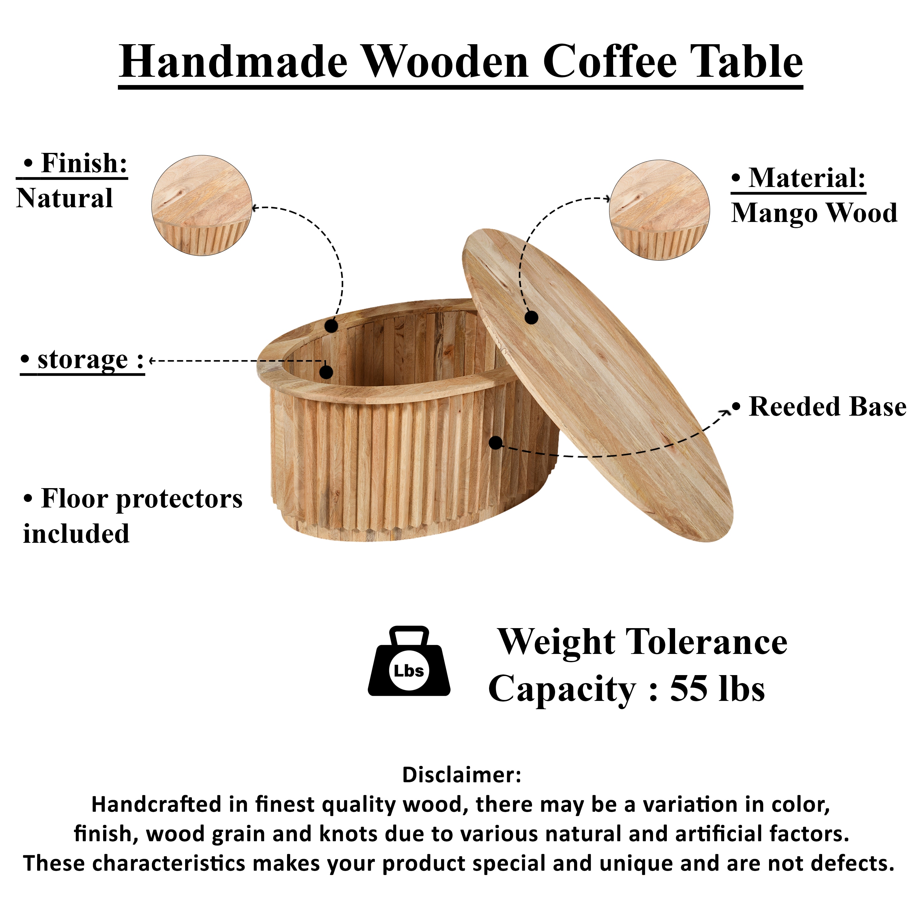 Natural Brown Oval Mango Wood Coffee Table with Hidden Storage